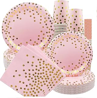 80Pcs Pink and Gold Party Supplies, 20 Guests Disposable Party Plates Tableware Napkins Cups Straws Paper Tableware Set Golden Dot Party Tableware Pink Gold Party Tableware for Wedding Shower Birthday