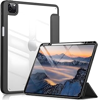 Garselay Case Compatible with iPad Pro 12.9 inch (2022/2021/2020/2018 Model) with Pencil Holder, Shockproof Case with Transparent Back Shell, Auto Wake/Sleep(Black)
