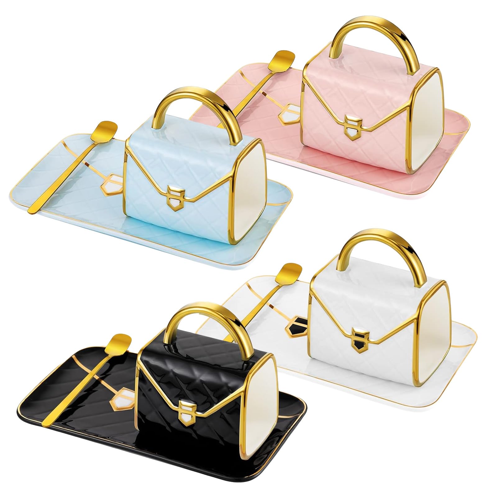 Premium Porzellan Kaffeetassen Set 4er - Handtasche Styling Tassen mit Untertasse & Löffel, 310ml Luxus Cappuccino Tassen, Kreative Geschenkidee für Frauen, Tee & Espresso Set (4 Farben)