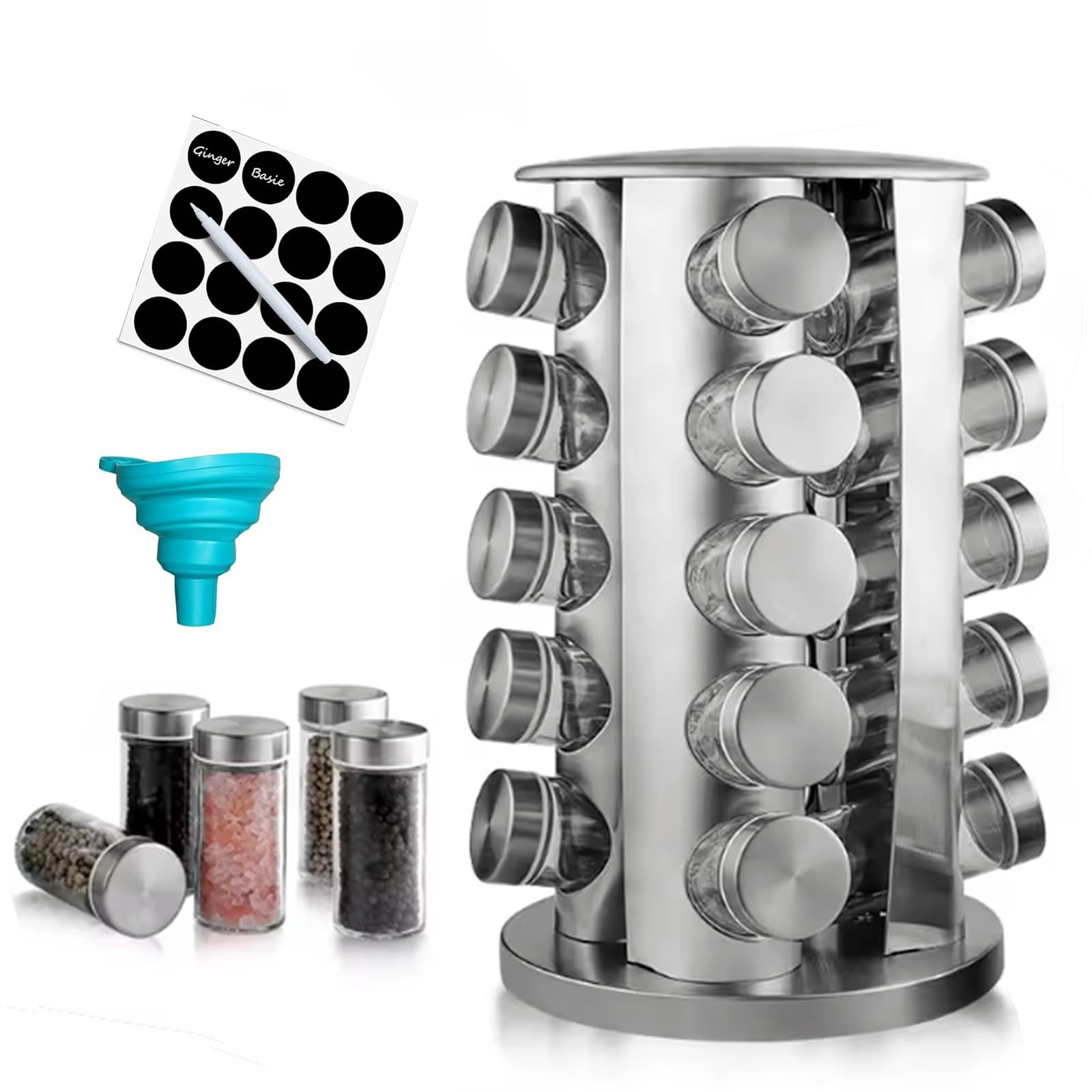 Estante giratorio para especias con 20 tarros, organizador giratorio de especias, acero inoxidable pulido con tapas negras, carrusel de especias de acero inoxidable para encimera de cocina, | Acero inoxidable pulido con tapas negras, carrusel de especias