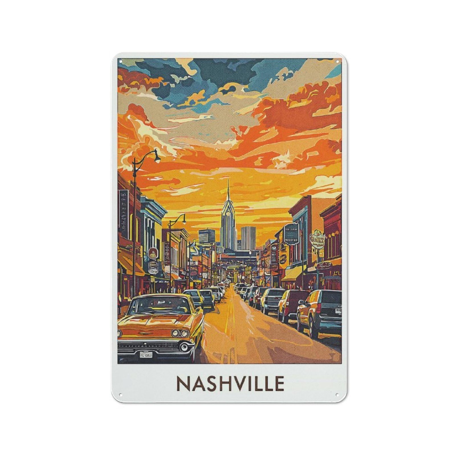 Cosy Nashville Cityscape Sunset Metal Plaque 30x20cm, Kitchen Wall Decor for Kitchen, Cafe, Pantry Or Dining Room