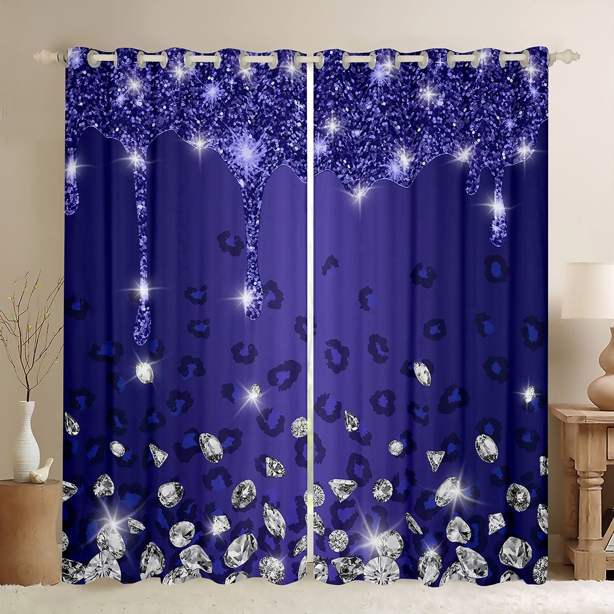 Homemissing Glitter Diamond Leopard Dreapes Silver Purple Shiny Animals Curtains for Bedroom Living Room Luxury Colorful Bling Blackout Curtains(30%-50%) Window Treatments