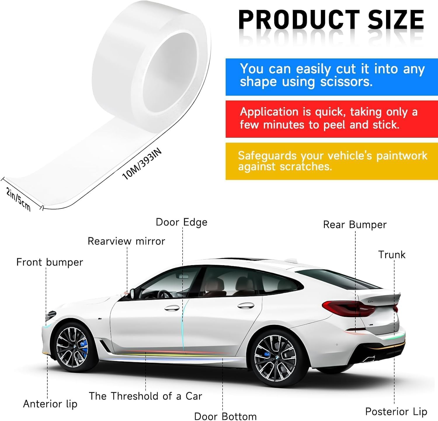 EINESIN Protezione per porta dell'auto Trasparente 5cm×10M, Pellicola universale di protezione per portiera dell'auto, Protezioni Per Davanzali Per Porte Auto Universali, Autoadesive