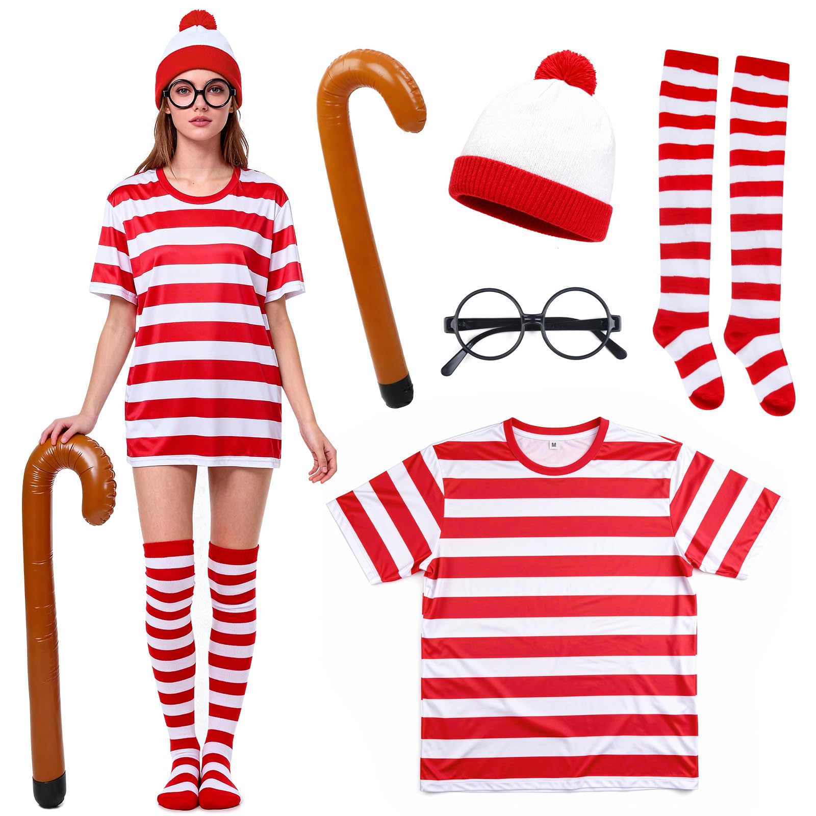 Kitimi 5Pcs Costume Set for Adult Women Girls, Red and White Striped Top with Nerd Glasses Socks Beanie Hat Crutches Accessories, World Book Day Fancy Dress Cosplay Costume