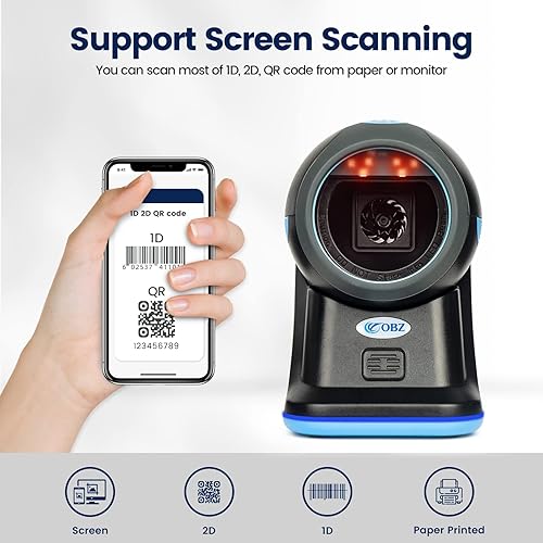 Miniatura 3 de OBZ Escáner de código de barras manos libres 1D 2D QR, escaneo automático omnidireccional de detección lector de código de barras con cable USB