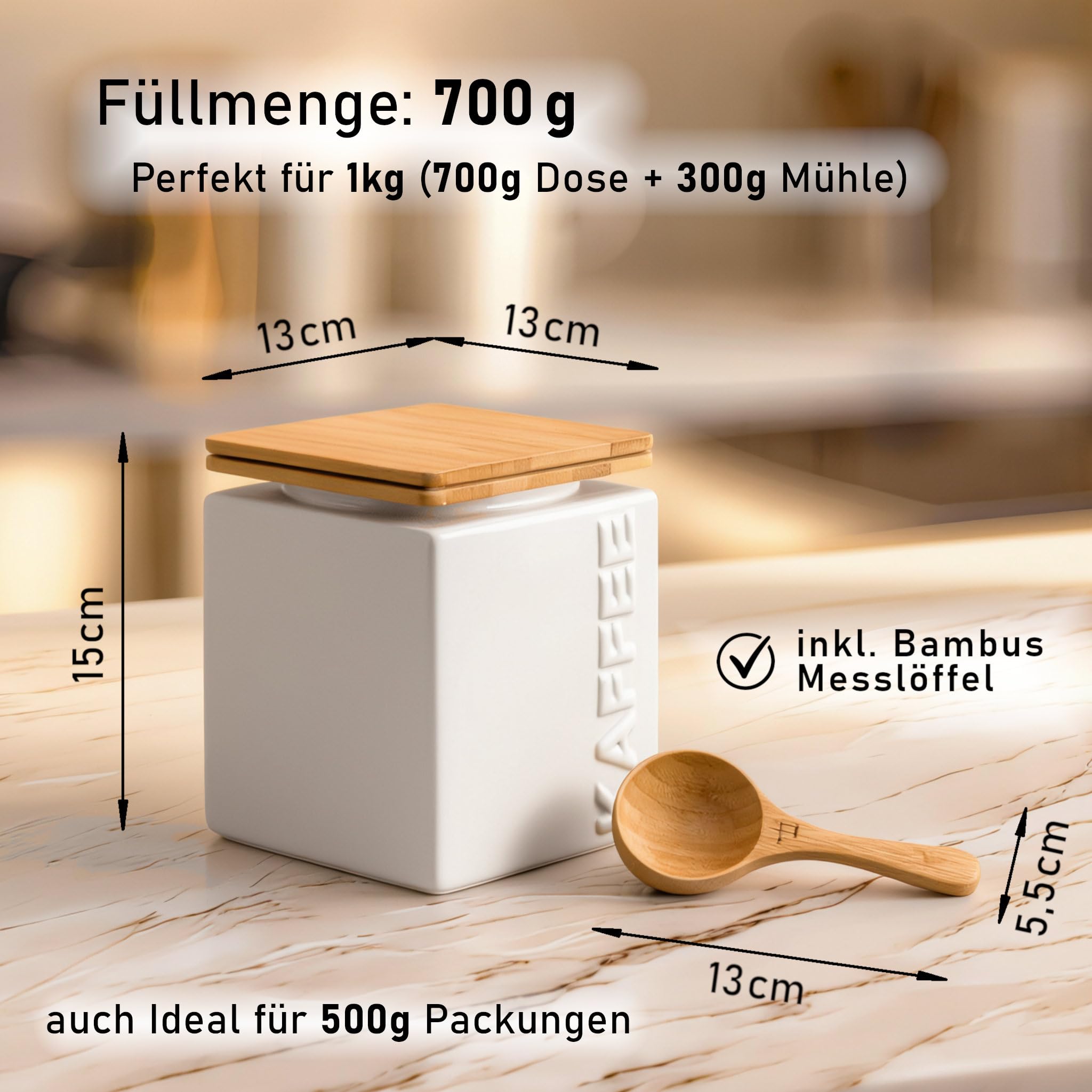 Kaffeedose & Zuckerdose Set - Luftdichtes Vorratsdosen Set Keramik - 2x Dosierlöffel Bambus - Bambusdeckel