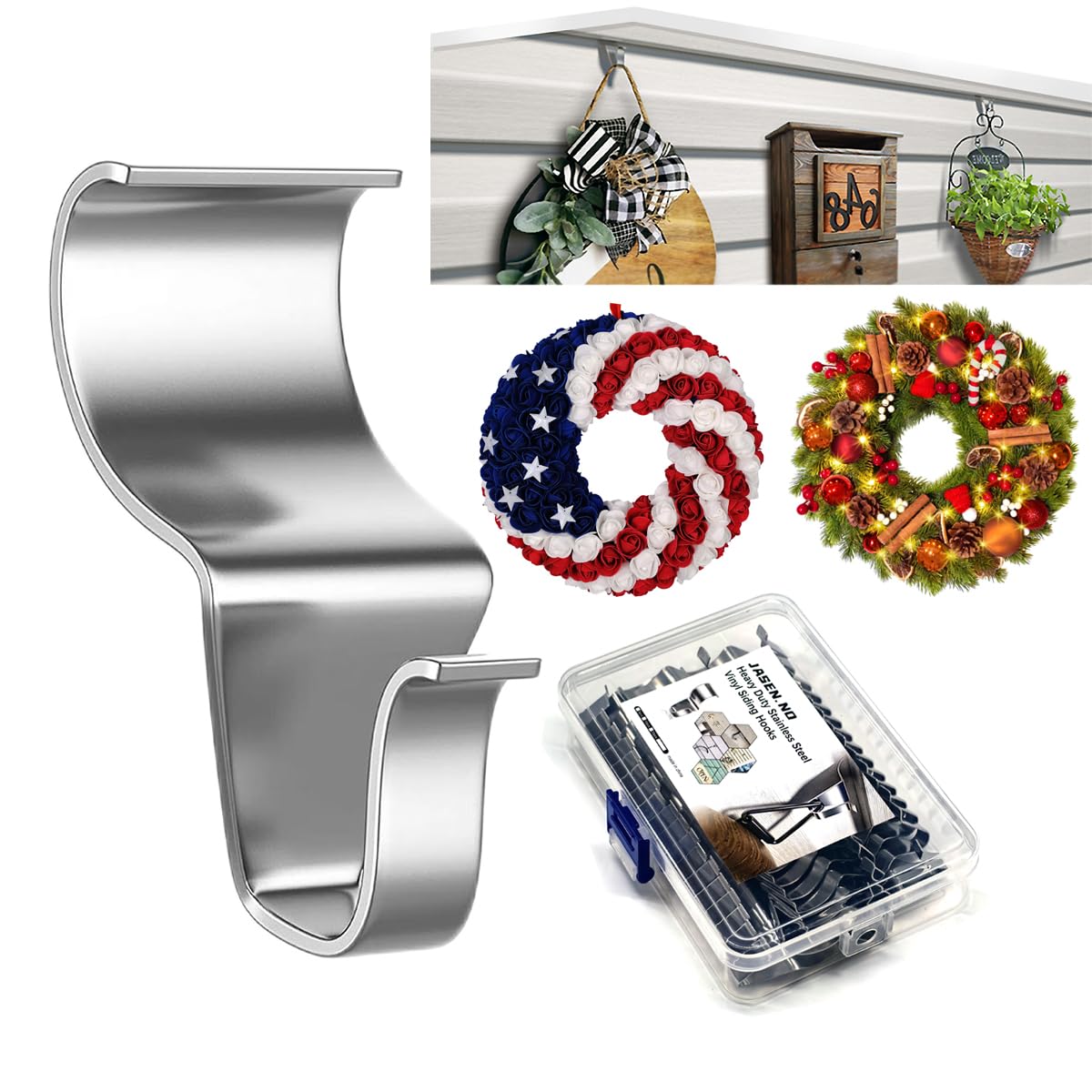 Heavy Duty Vinyl Siding Hooks for Hanging, Outdoor No-Hole Siding Hangers, Stainless Steel Siding Clips Front Door Wreath Hanger for Flags Lights Christmas Decor (30Pcs)