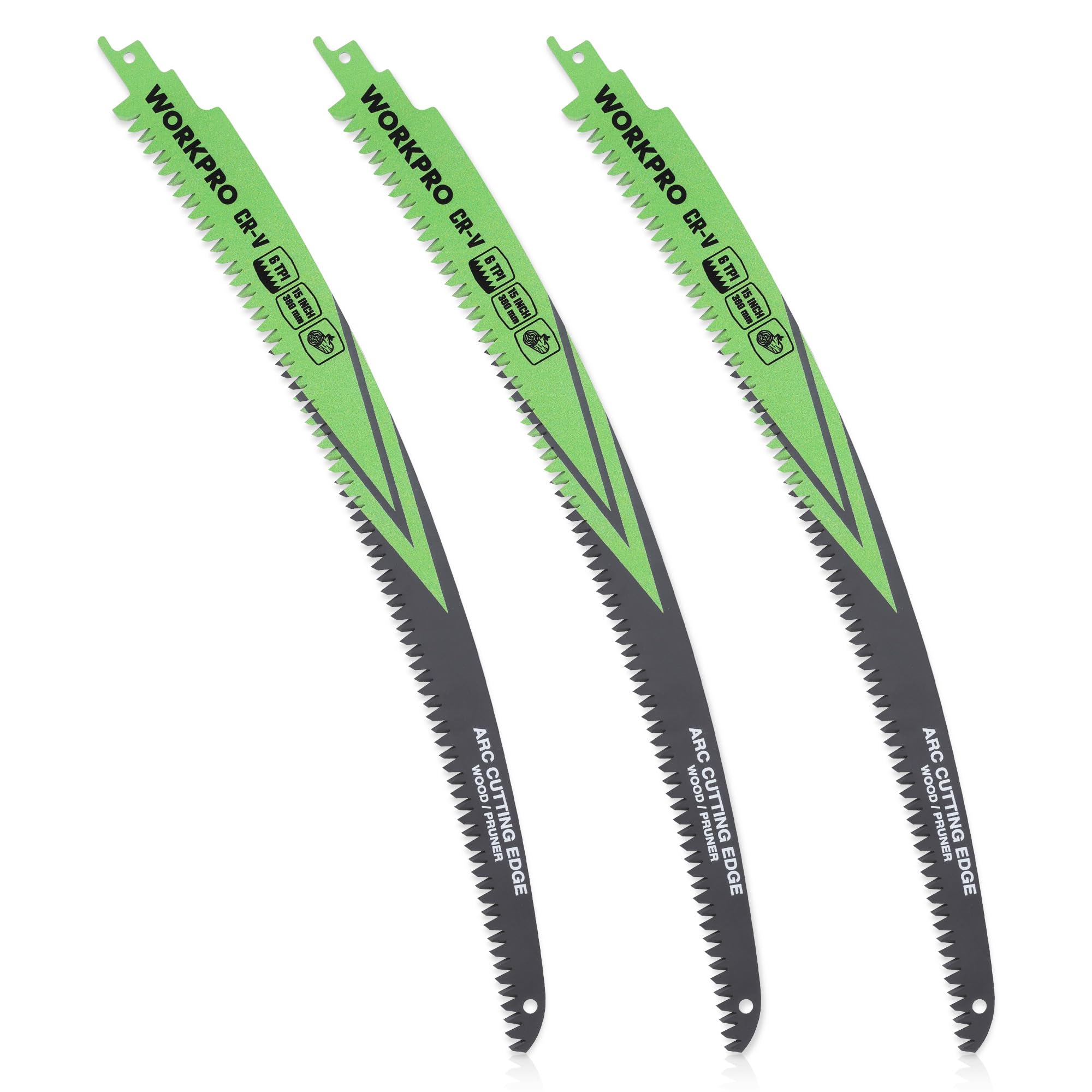 workpro 15" japanese teeth wood pruning reciprocating saw blades set, arc cutting edge 6tpi pruning saw blades for tree pruning, wood cutting, durable & sharp, 3 pack