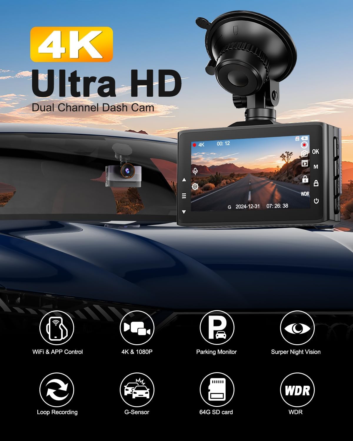Dual Dash Cam Front and Rear 4K+1080P, 64GB Card Included, Built-in WiFi Dash Camera for Cars with APP, 24H Parking Mode, Night Vision, G-Sensor, Loop Recording, WDR, 170° Wide Angle, 3”IPS Screen