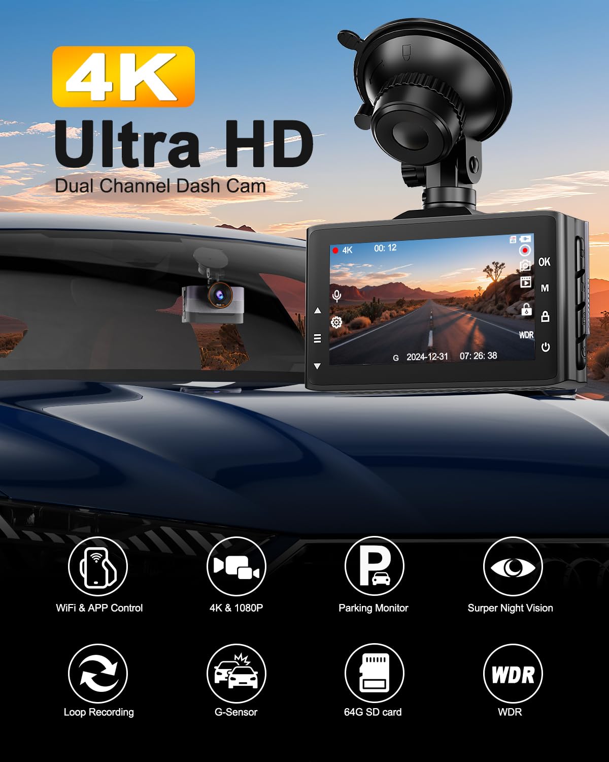Kit Dashcam Avec Carte Sd 64go Dashcam Voiture Avant/Arrière 4K+1080P - WiFi 5GHz, Écran 1,5", Capteur G Et Vision Nocturne - Idéal Pour Surveillance 24h/24 Camera 360