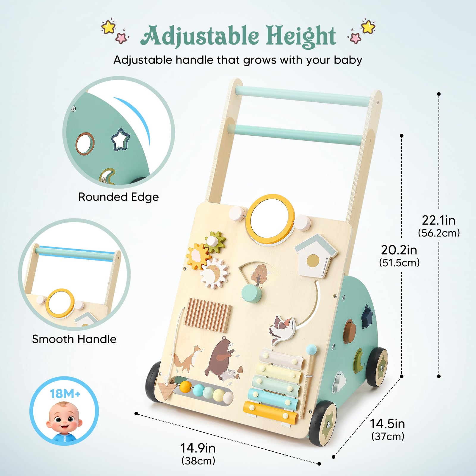 Carrello Primi Passi in Legno per Bambini,10 in 1 Baby Activity Center Push Walker regolabile, Girello Montessori con Centro Attività,da 10 mesi a 1-2 anni,Baby Walker Regali di Compleanno
