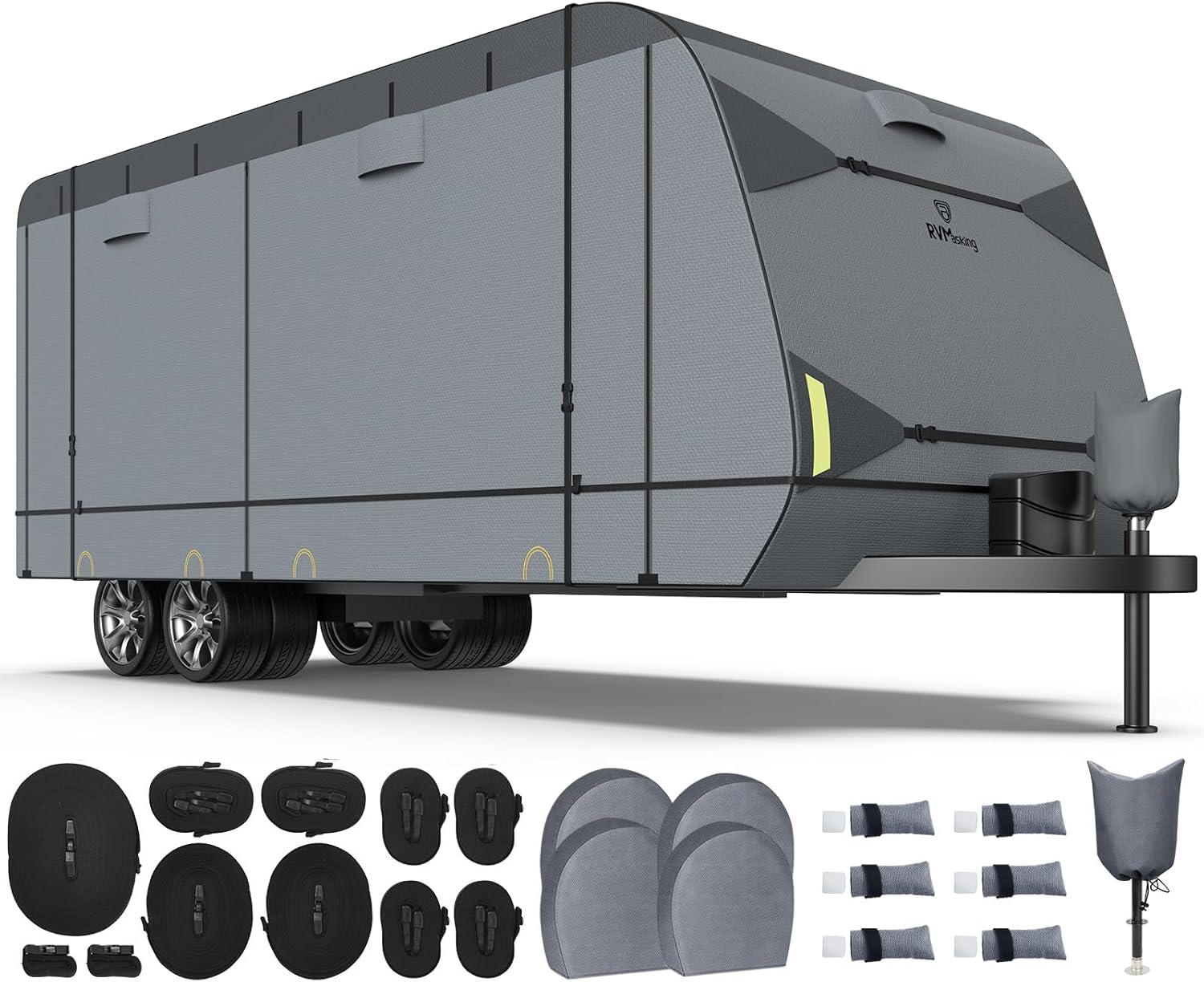 RVMasking RV Cowl, 7 Layers Journey Trailer Cowl with 4 Tire Covers for 15’1″-18′, Heavy Responsibility Windproof Rip-Cease Anti-UV Camper Cowl, Darkish Grey