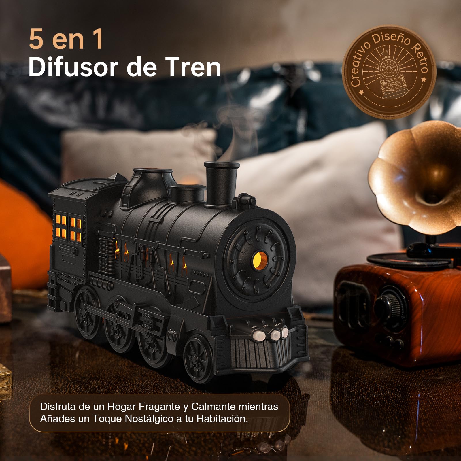 Jeebel Difusor Aroma para Aceite Esencial - 300 ml Difusor con Estilo de Tren, Efecto Llama, Mando a Distancia, Enchufe UE - Mini Humidificador de Vapor Frío para Aromaterapia en Dormitorio Oficina