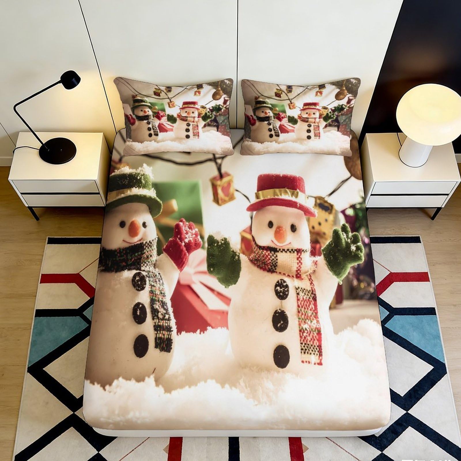 3D Printed Snowman Fitted Sheet Microfiber Soft Durable Christmas Bed Cover for Bedroom Dormitory Guest Room Mattress Protection Decoration 160x200x25cm