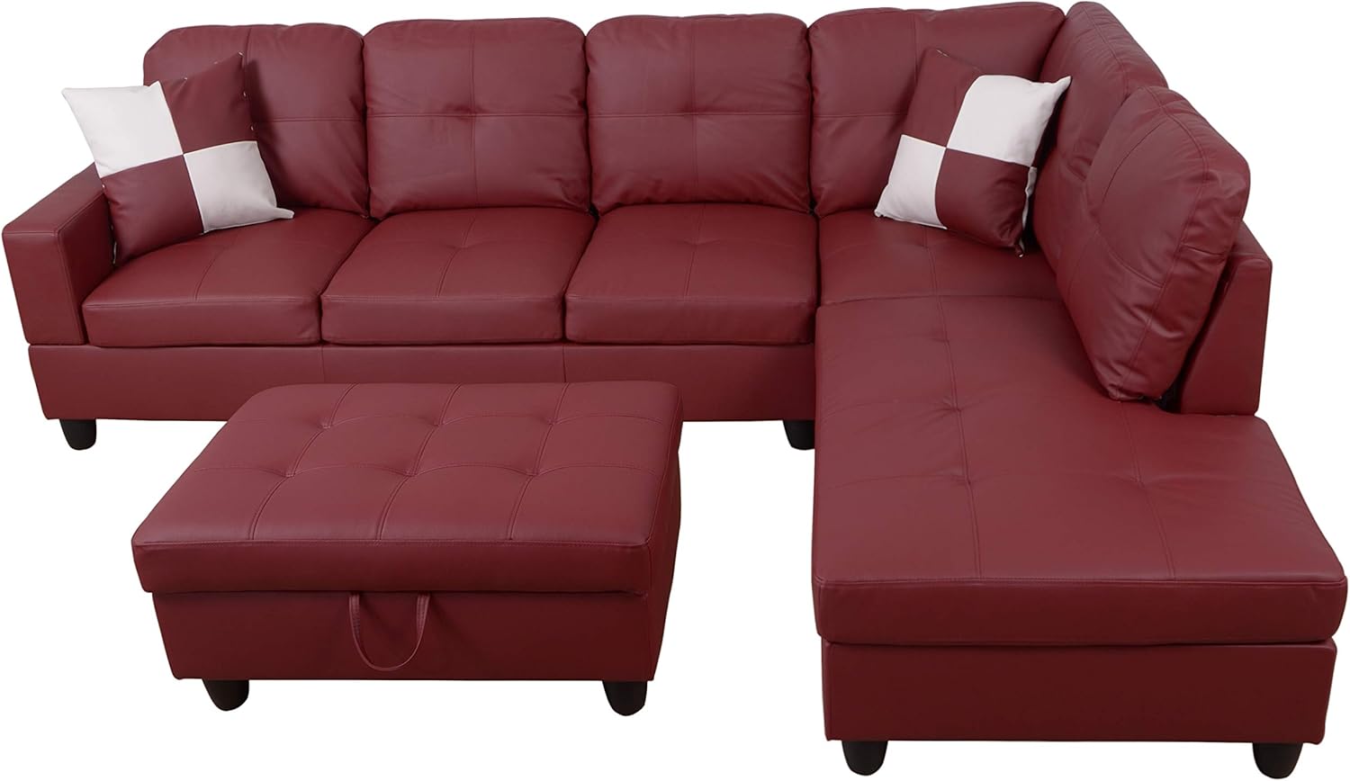 3-Piece Contemporary L-Shape Sectional Sofa with Chaise and Storage Ottoman | Living Room Furniture | Faux Leather Upholstery | High-Density Memory Foam Cushions | Pillows Included (Red Right-facing)