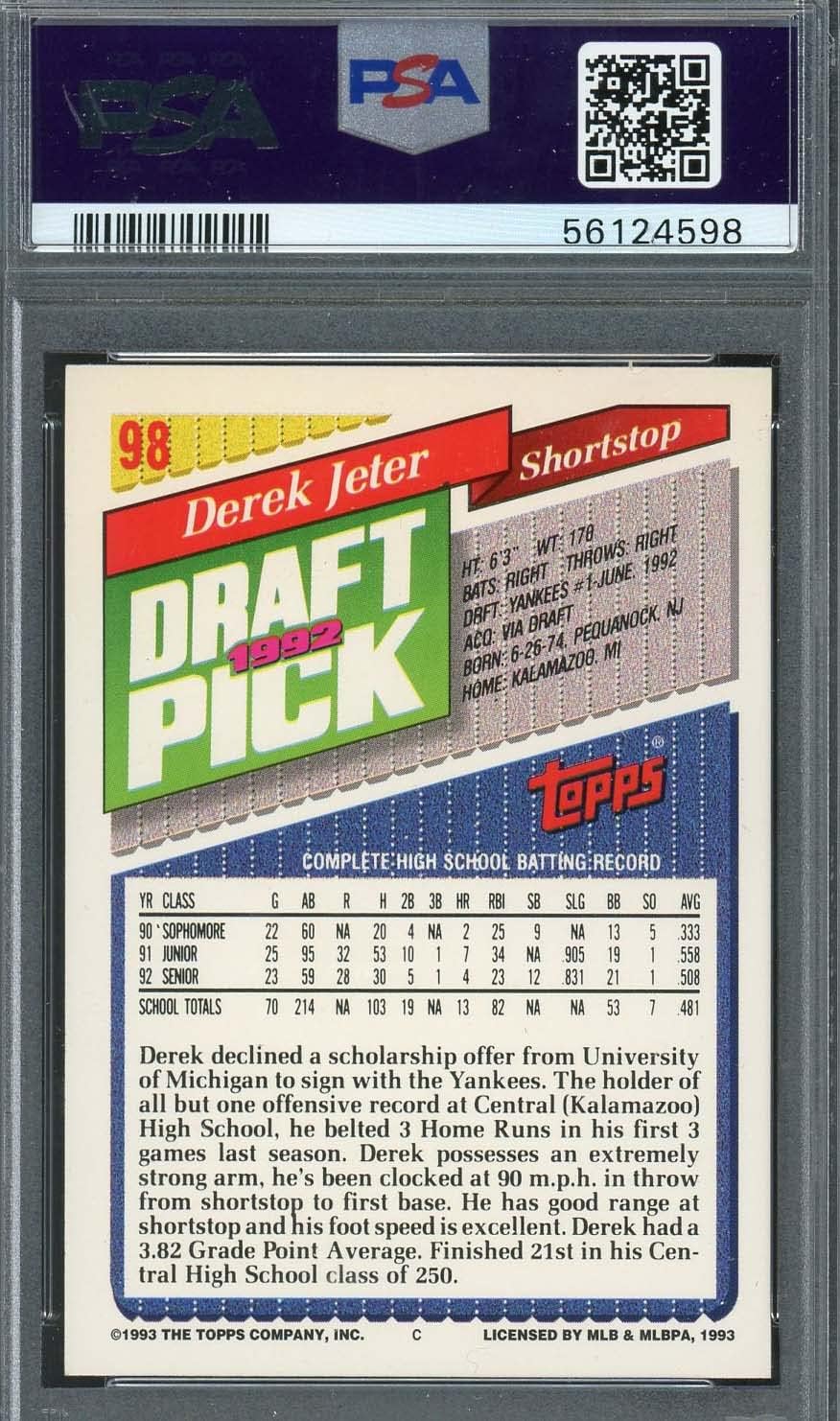 Derek Jeter 1993 Topps Gold Baseball Rookie Card RC #98 Graded PSA 8