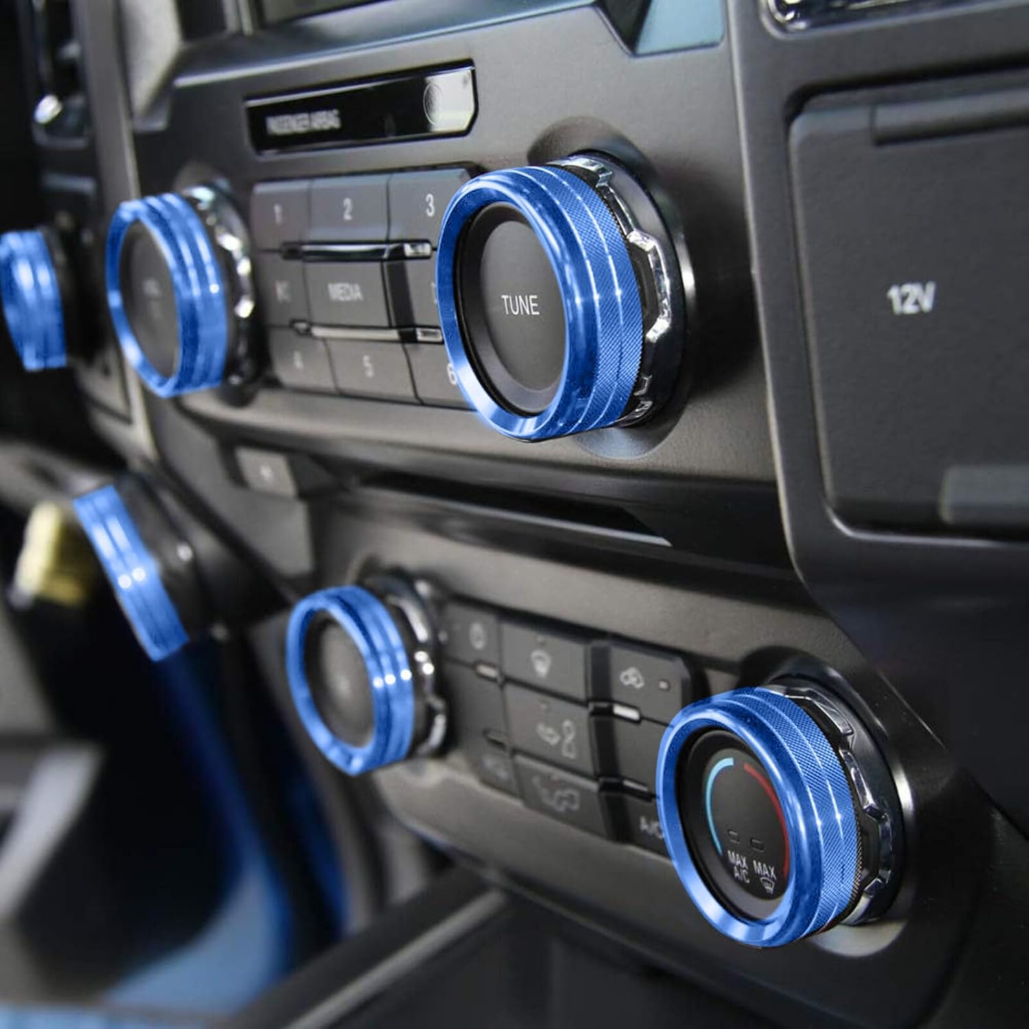 Premium Blue Aluminum Knob Covers Trim Set for 2015-2019 Ford F150 XLT - 6PCs AC/4WD/Trailer/VOL Switch Button Covers + Rings | Interior Upgrade Accessories (Excludes 2021-2022 Models) - Blue image 3