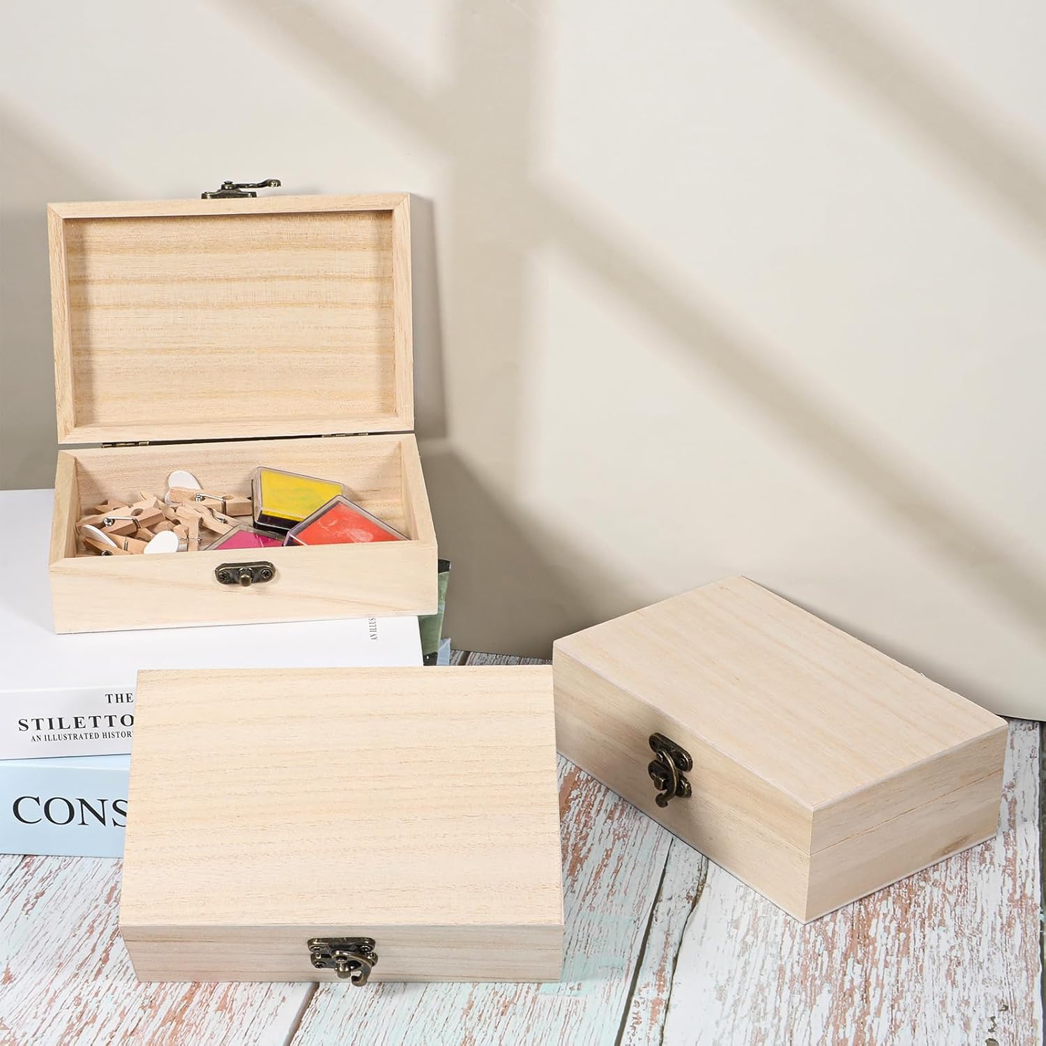 8 Pack Unfinished Wooden Box 6" x 4" x 2" DIY Storage Jewelry Boxes Small Keepsake Box for Crafts