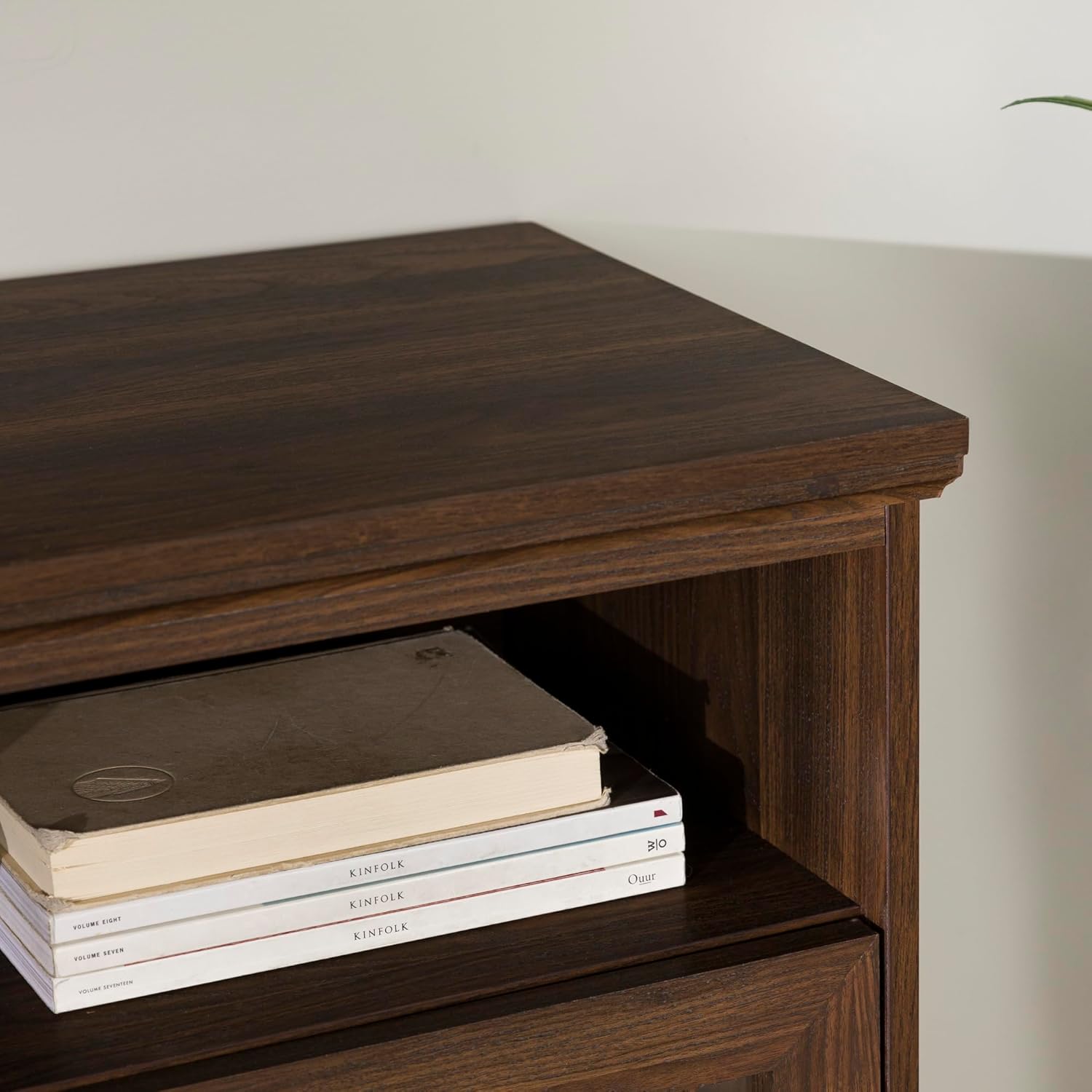 Close-up of the top shelf of the Walker Edison TV Stand.