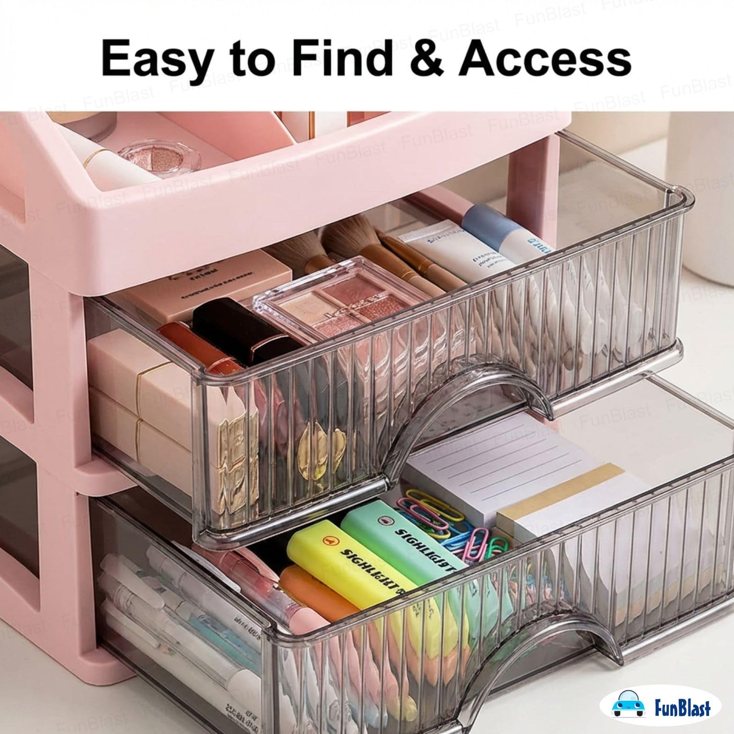 FunBlast Organizer da scrivania con cassetto, scomparto a 2 strati, organizer per trucchi, cancelleria, portapenne e portapenne, portapenne da tavolo, multifunzionale