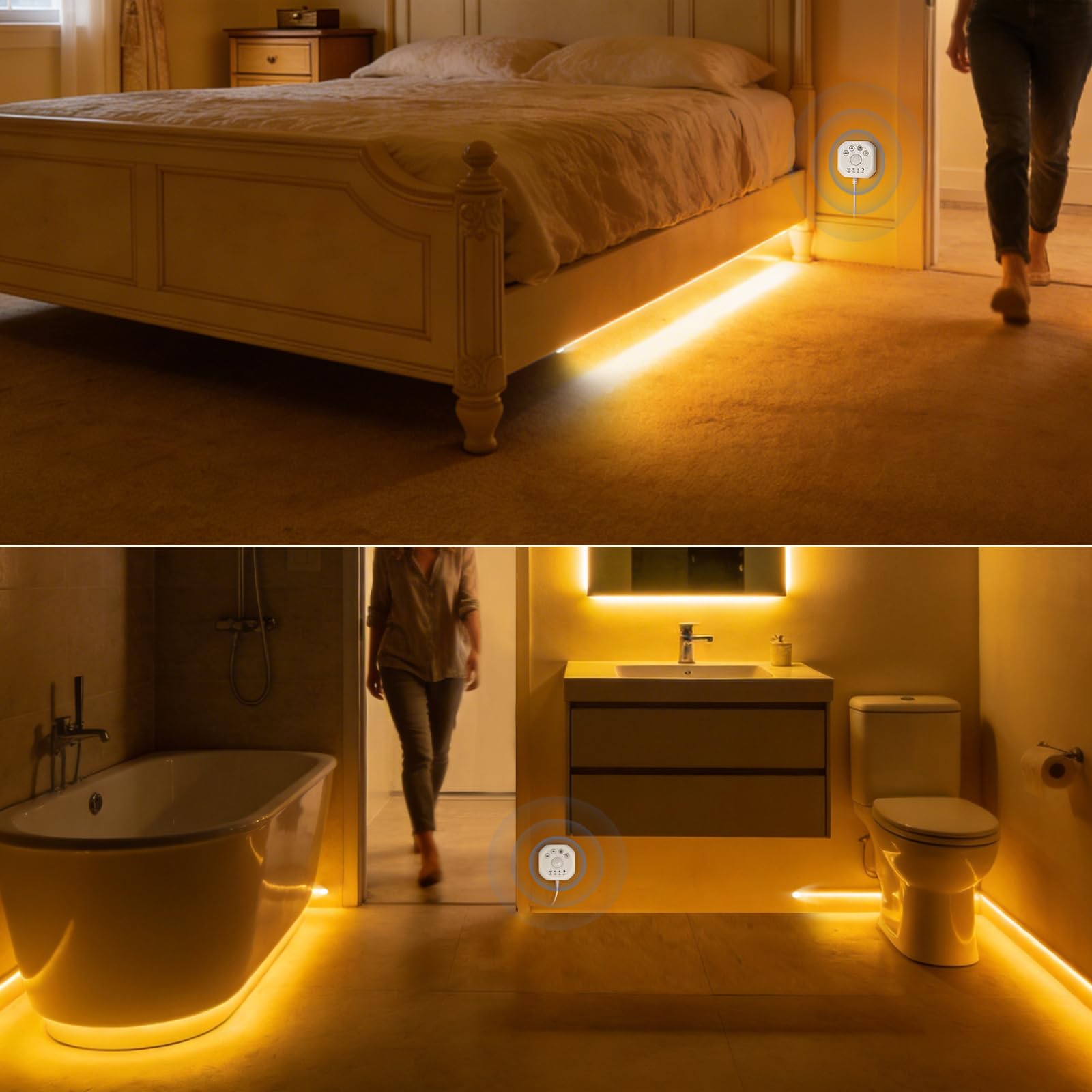 AIMENGTE COB LED Streifen, 5 m Warmweiß LED Treppenbeleuchtung mit Bewegungsmelder, Ausgestattet mit Zwei Beleuchtungsmodi, für Unterschränke, Küche, Treppen, Schlafzimmer