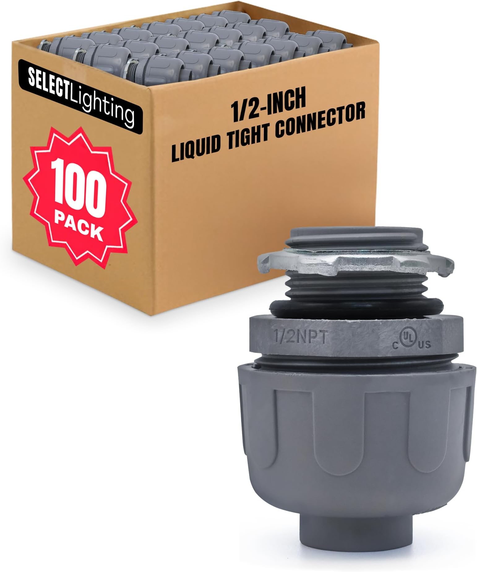 SELECT 100 Pack Lighting PVC Liquid Tight Connector, 1/2“ Straight Flexible Conduit Connectors, Non-Metallic Conduit Fittings, Safe and Rust Resistant