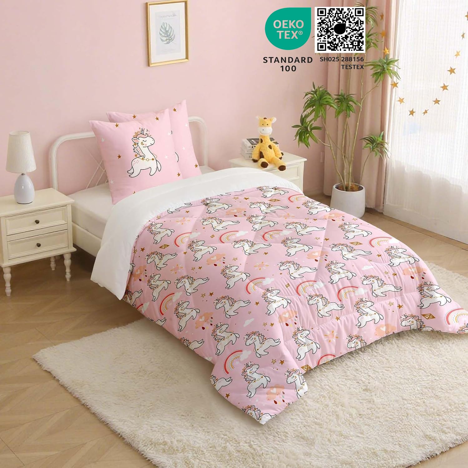 Couette Licorne 2pc Fille Tempérée pour lit 1 Personne-100% Microfibre -Enfant 4 Saisons et 140 x 200 cm+ 1 Taie d'oreiller 65x65 cm - Sac Cadeau