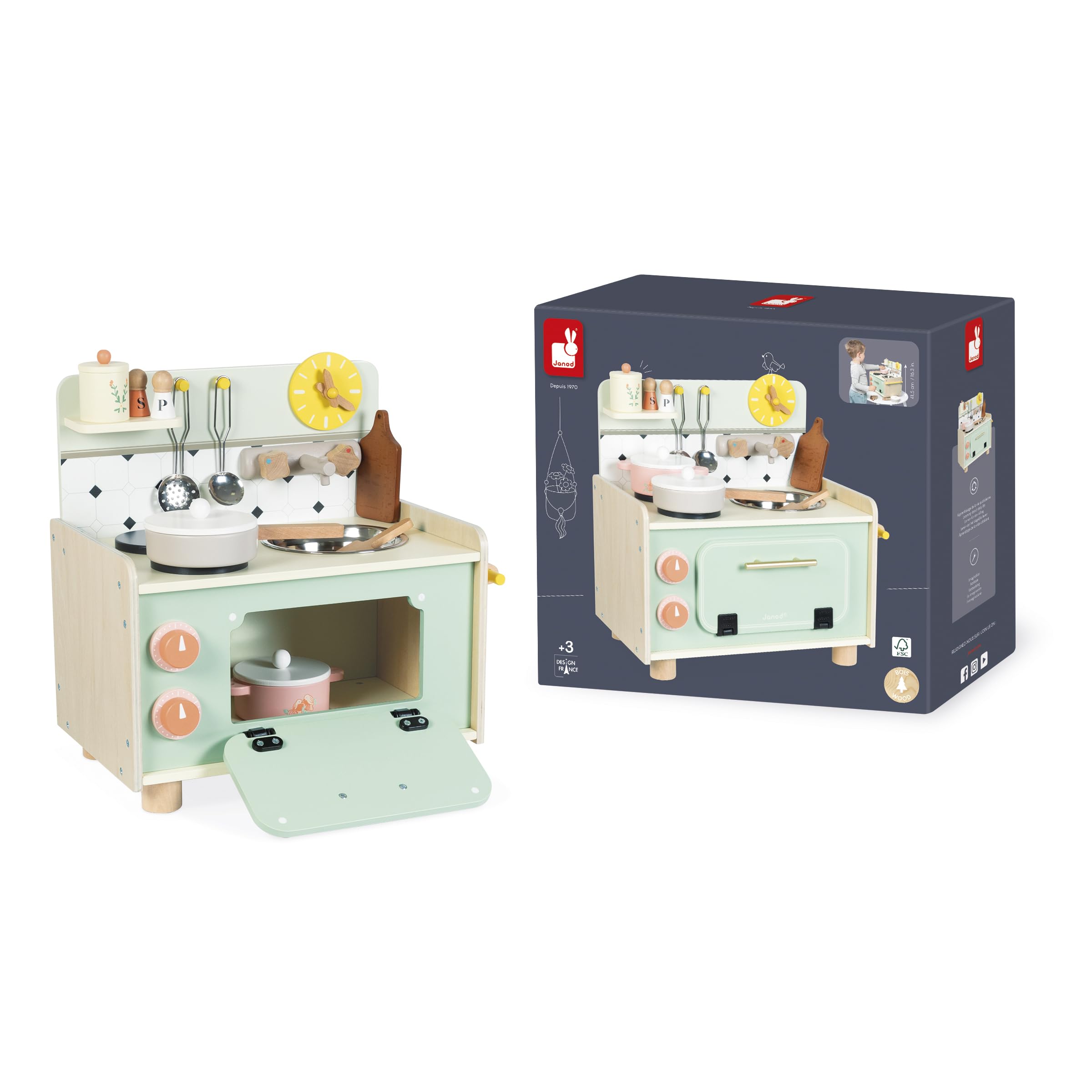 Janod - Cocinita Infantil de Madera - Minicocina Infantil - Equipada con Horno, Fregadero y 10 Accesorios Incluidos - Botones Sonoros Giratorios - Juguete de Imitación - A Partir de 2 años
