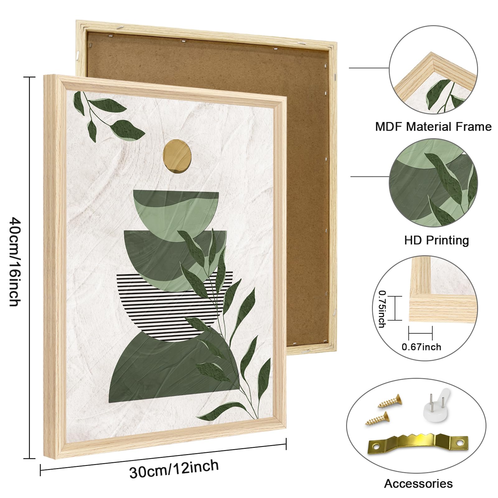 3 Pcs Wooden Framed Canvas Wall Art Set Bohemian Sage Green Canvas Prints Poster Geometric Line Beige Green Pictures for Living Room Bedroom Dinning Room Hallway Stairs Wall Decor 30x40cm x3pcs — view 121