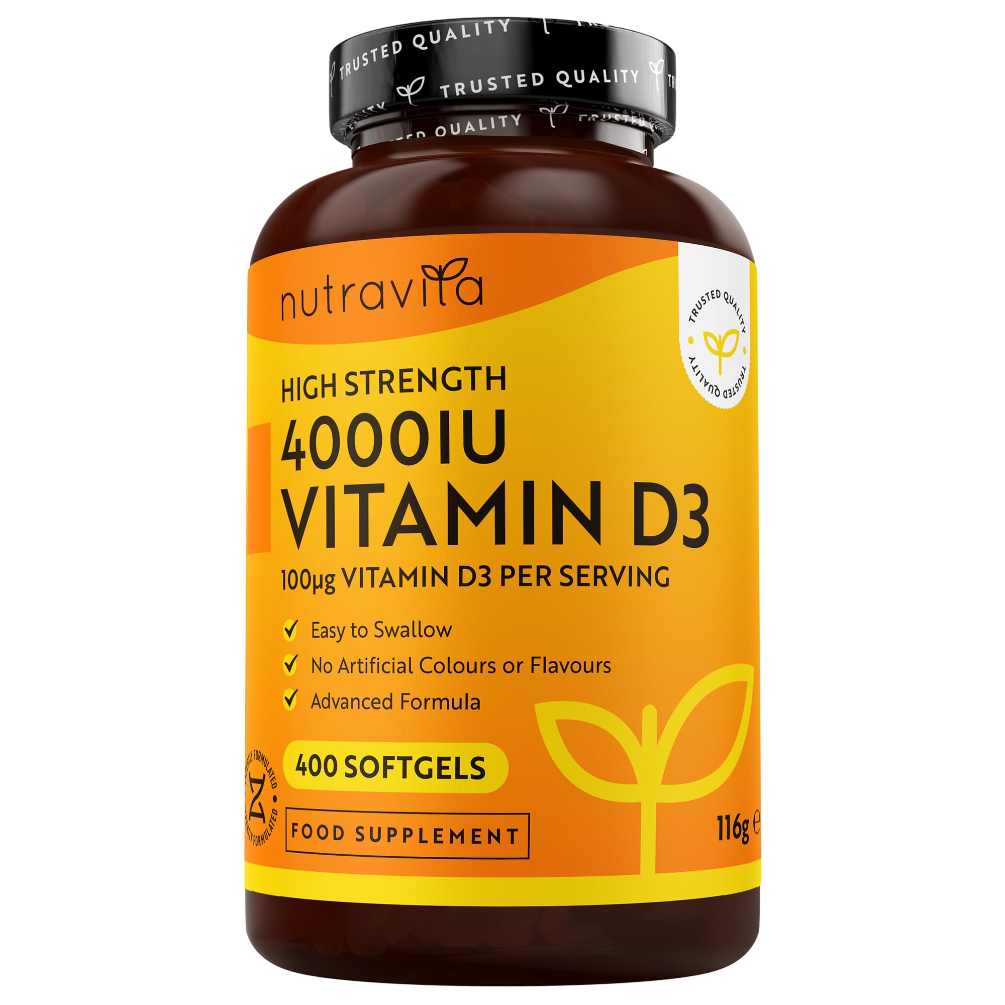 Vitamin D3 4000 iu - 400 High Strength Easy to Swallow Premium Softgels - Over A Year's Supply - Max Strength Vitamin D3 Cholecalciferol Supplement - Manufactured in The UK by Nutravita