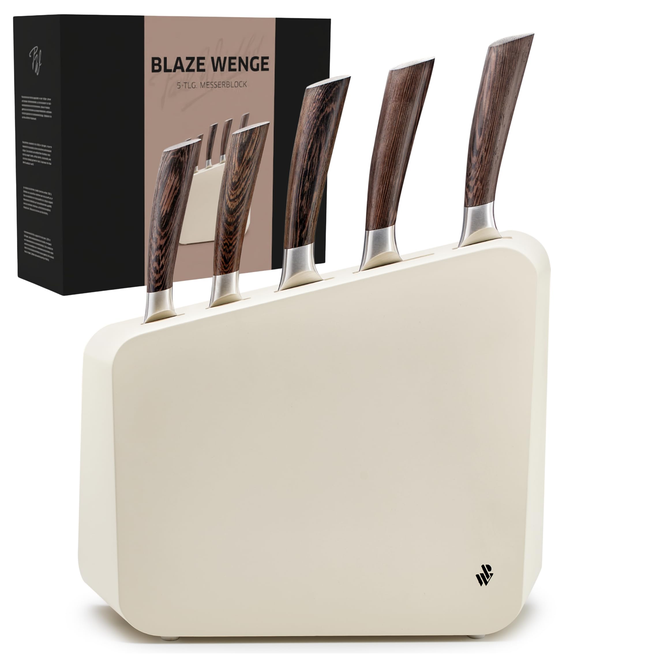 PW BLAZE Messerblock 5-tlg, MOV-Klingenstahl, Wengenholzgriffe | asymmetrisches Design, elfenbeinfarbener Block, Kochmesser 8", Tranchiermesser, Brotmesser, Allzweck- & Gemüsemesser