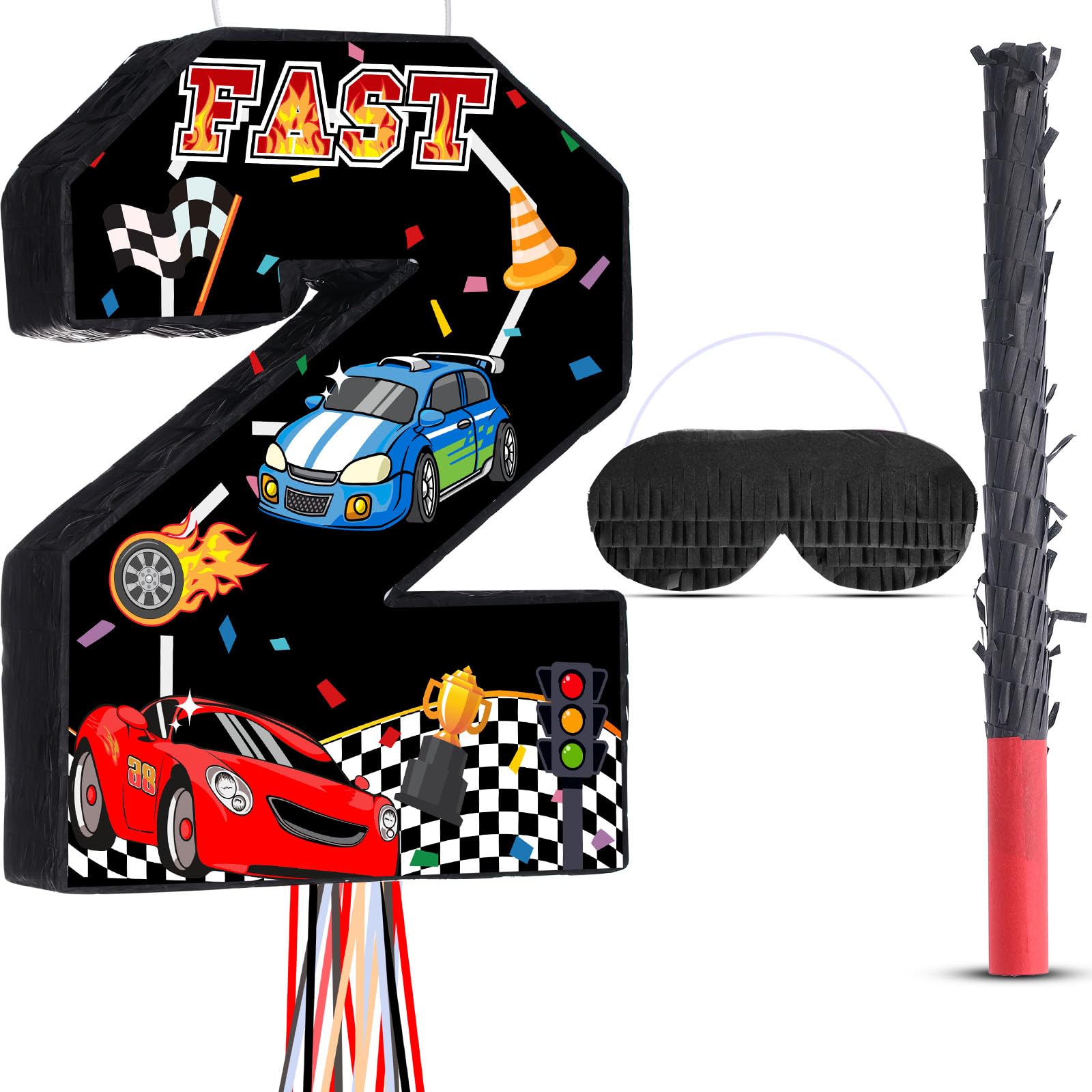 Harrycle Race Car Piñata Pull String Cars Piñatas for Birthday Party Decorations Number 2 3 4 5 6 with Blindfold Stick Small Red Black Racing Theme