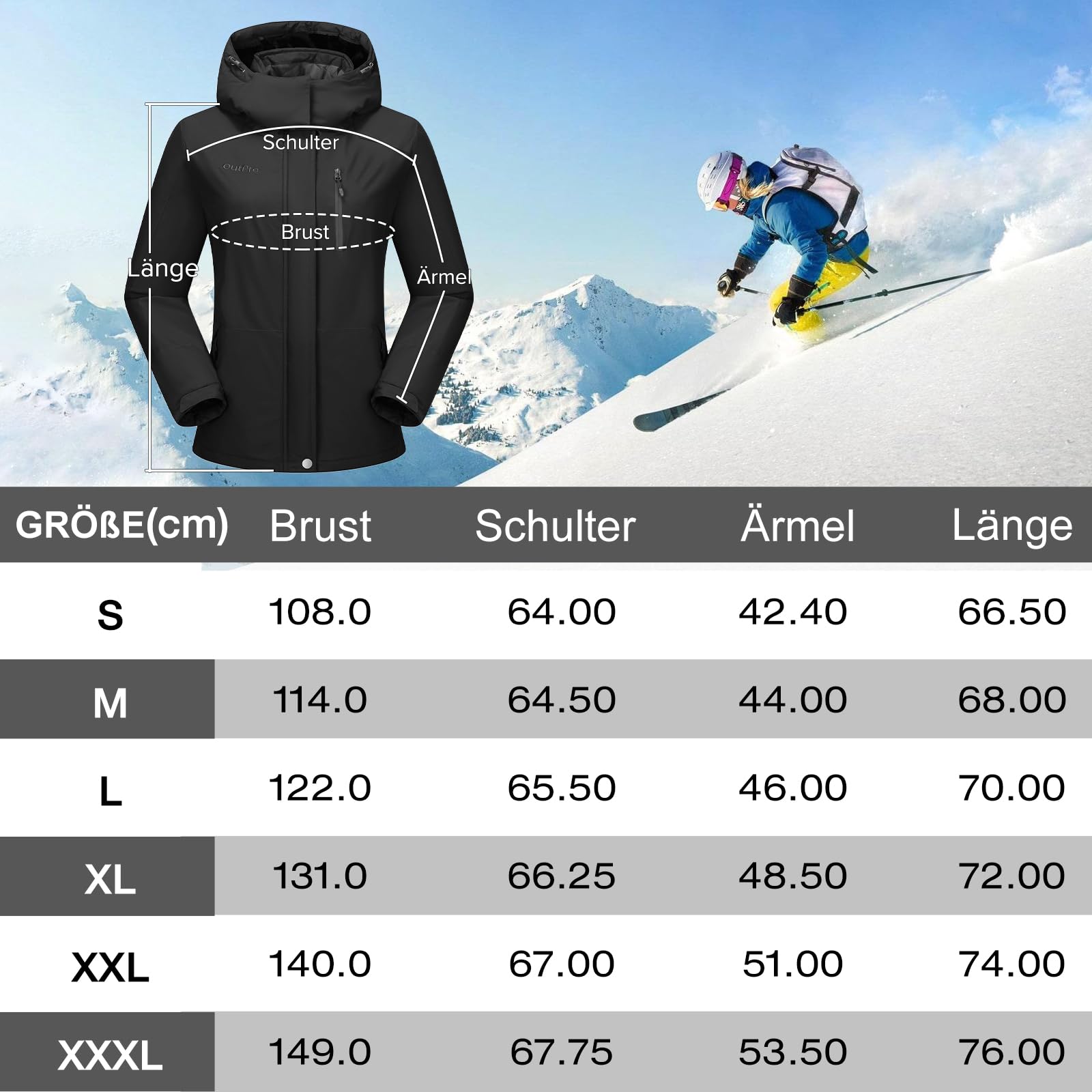 OutPro Veste de ski pour femme avec veste de pluie imperméable, coupe-vent, chaude, veste d'hiver à capuche amovible, avec poches zippées, convient pour les activités de plein air, le ski