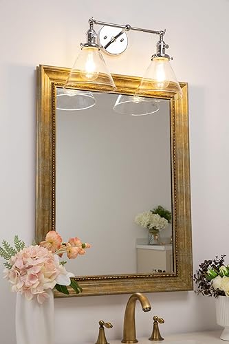 Miniatura 2 de Permo Aplique doble vintage industrial antiguo de 2 luces apliques de pared con embudo de vidrio transparente acampanado (cromado)