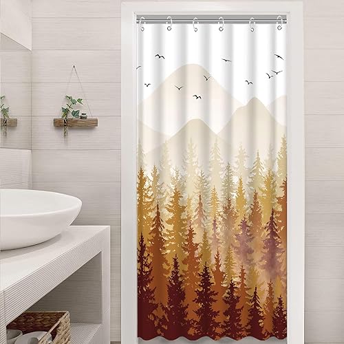 Miniatura 10 de Cortina de ducha verde con diseño de bosque brumoso, juego de cortinas de ducha impermeables de tela verde oscuro para decoración de baño con 12