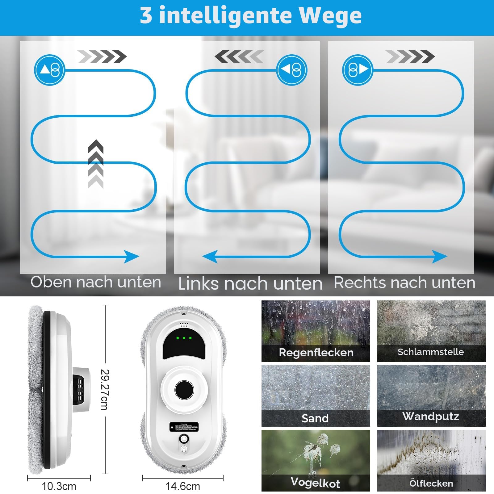 Fensterputzroboter, 5600 Pa Fensterreiniger Elektrisch Automatischer Sprinkler, 3 Reinigungsmodi, Intelligente Navigation und Randerkennung, Sicherheitssystem, Fernbedienung und 10 Tüchern