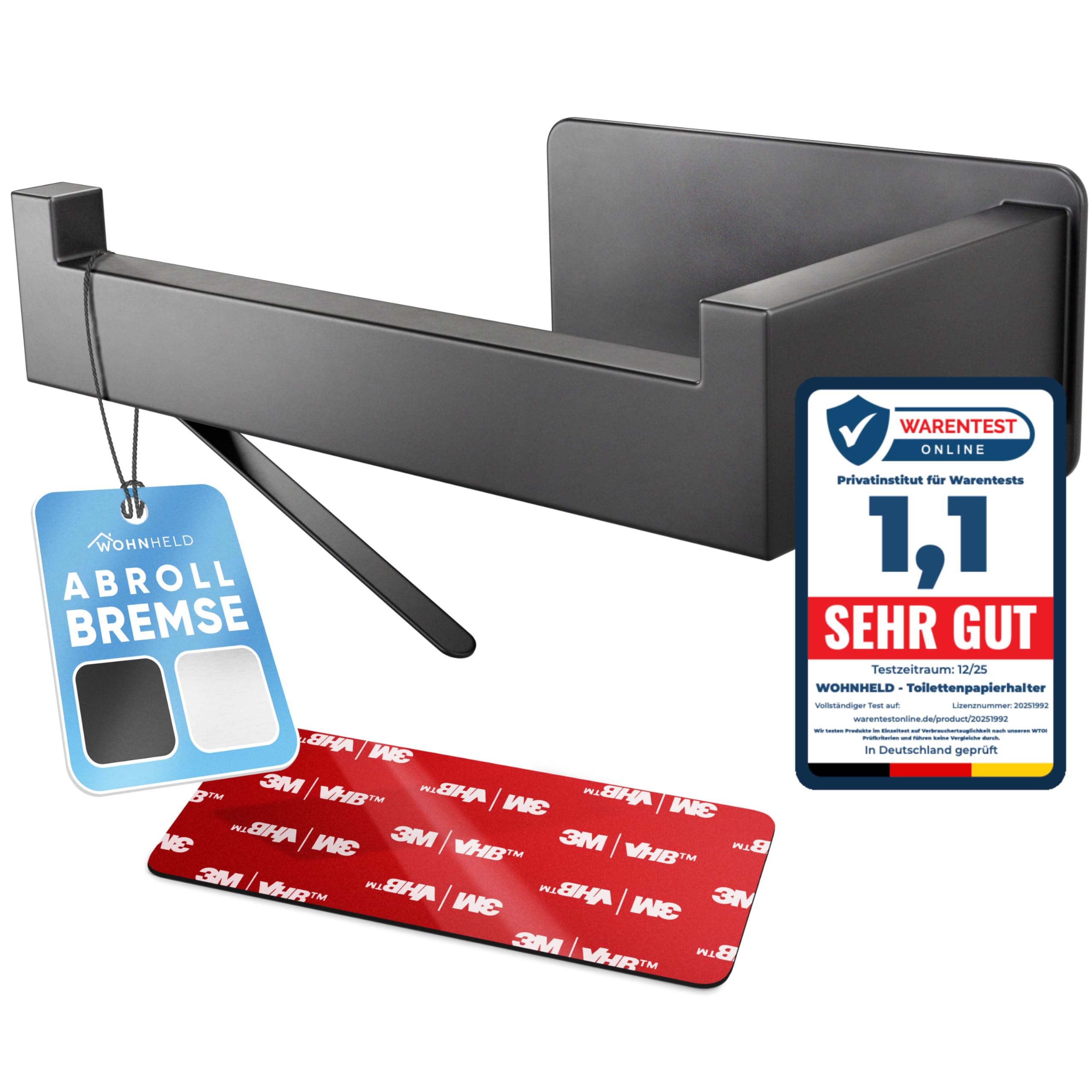 WOHNHELD Premium Toilettenpapierhalter ohne Bohren - Mit Abroll-Bremse - Klopapierhalter zum Kleben - Klorollenhalter Bad - WC Rollenhalter Edelstahl - Schwarz Links geöffnet