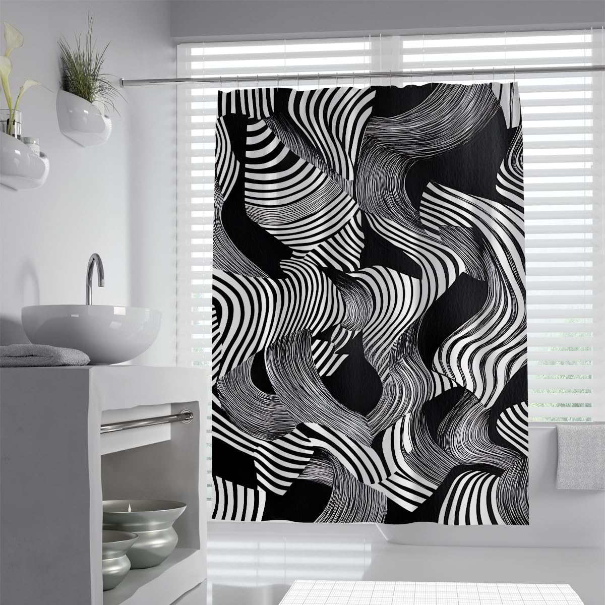 UIRINGART Contemporary Optical Illusion Waves Shower Curtain W100xL200cm Modern Abstract Zebra Swirl Stripes Pattern Water Repellent Washable Wet Room Bath Screen With Hook