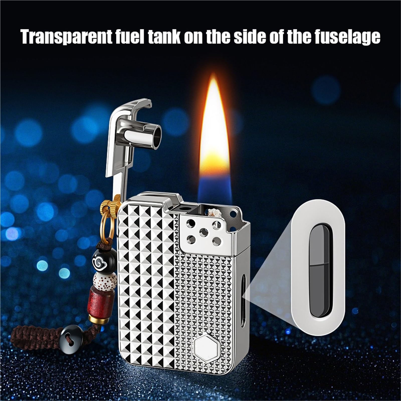 Briquet au kérosène avec quatre modes d'allumage (activation vocale, capteur de secousse, flux d'air, tactile), réservoir de carburant transparent, flamme douce, réutilisable et portable