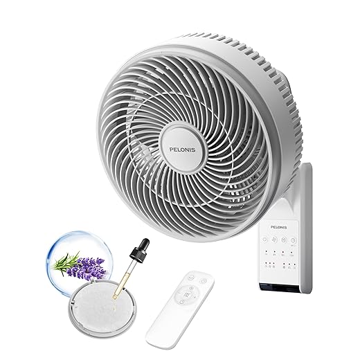 PELONIS 9 inch Wall Mount Fan with Remote Control, Osicllating Fan with 26ft Powerful Airflow, 3 Speed & 3 Modes, Auto 90° Horizontal & 68° Vertical Tilt, Indoor, 36dB, Ideal for Home, Garage, Gym