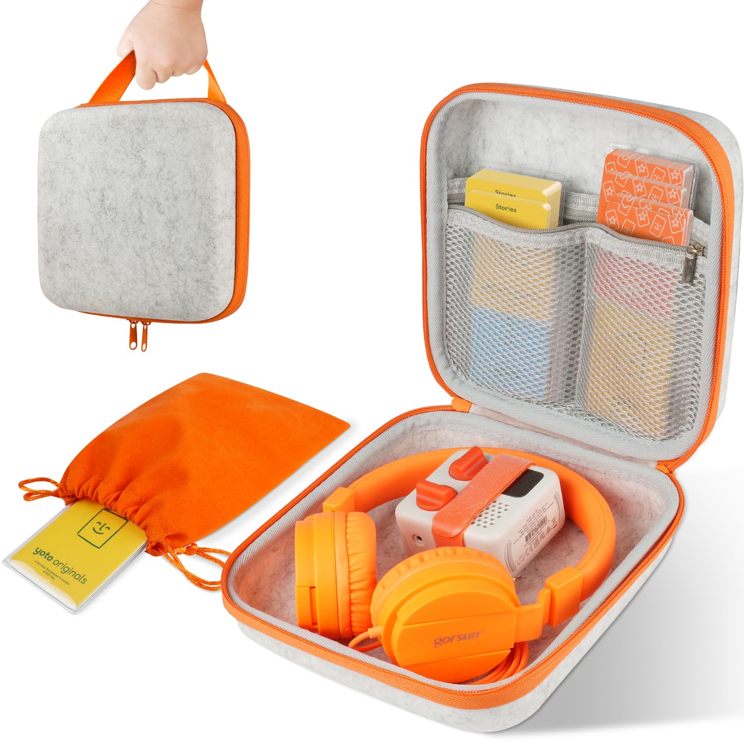 sarlar Travel Case for Yoto Mini (2024 Edition), Hard Carrying Case with Odor-Free Felt Fabric for Childen, Accessories kids Audio Music player, Headphones & Up To 120 Audiobook Cards, Gray