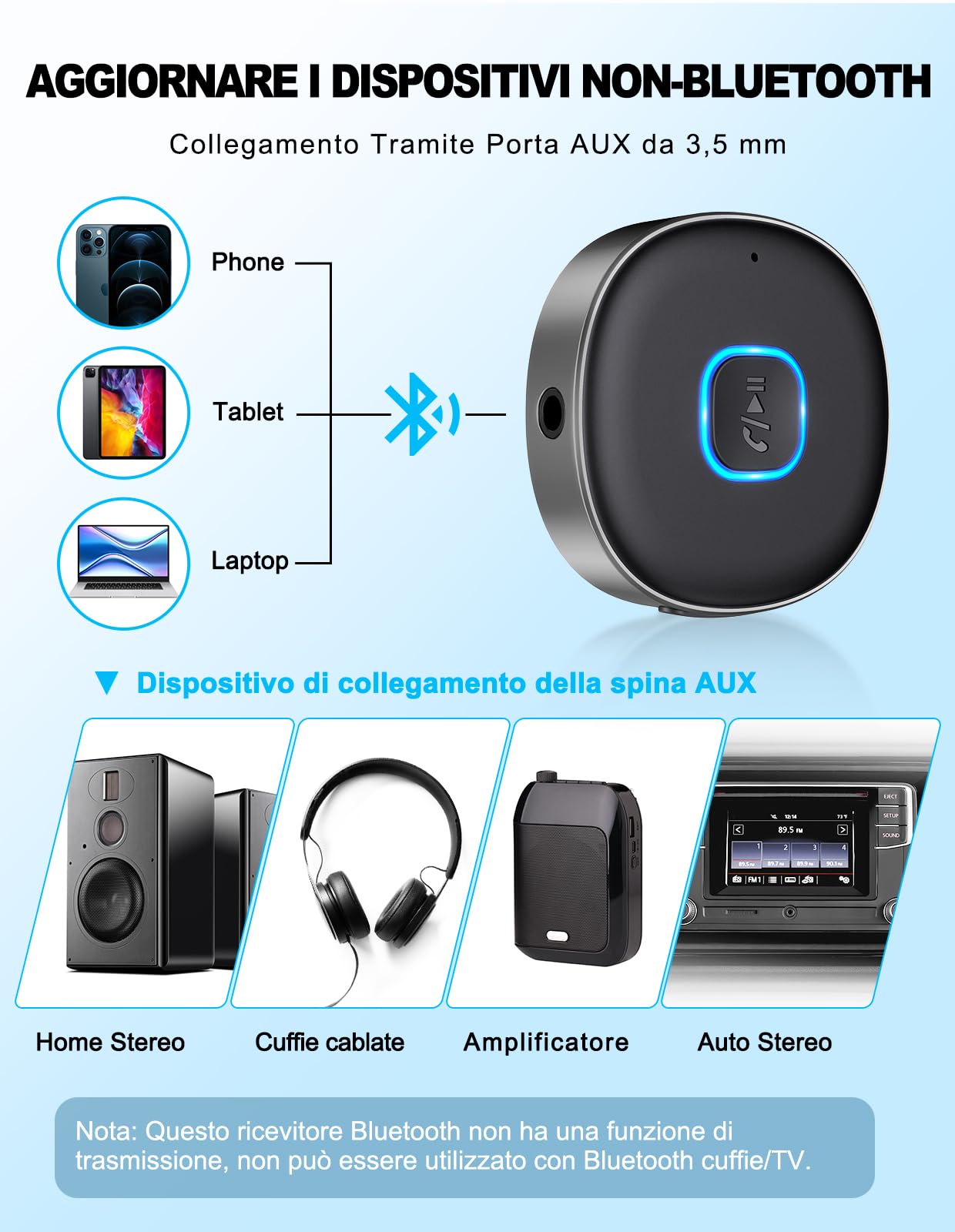 Mohard Ricevitore Bluetooth 5.3, Mini Aux Bluetooth Auto per Stereo/Cuffie Cablate/Altoparlante, Jack 3.5 mm Adattatore Amplificatori, 16 Ore di Riproduzione, Chiamate in Vivavoce, Connessione Doppia