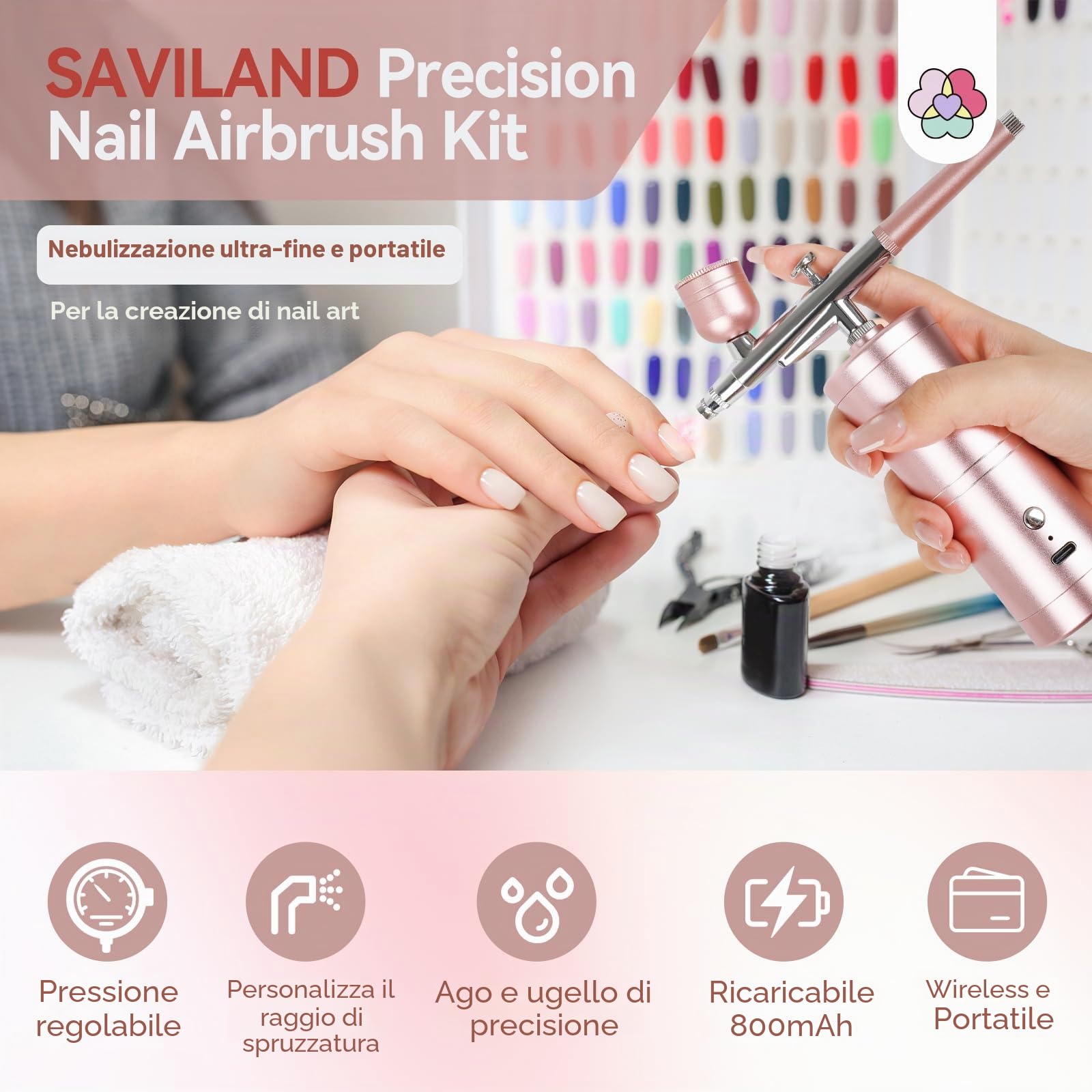 SAVILAND Kit Aerografo Ultra Stabile: 25 PSI Aerografo di Precisione per Unghie Pistola, Ricaricabile a Doppia Modalità Rosa, con Ugello da 0,3 mm per Trucco Aerografo per Gel Unghie Ombre French