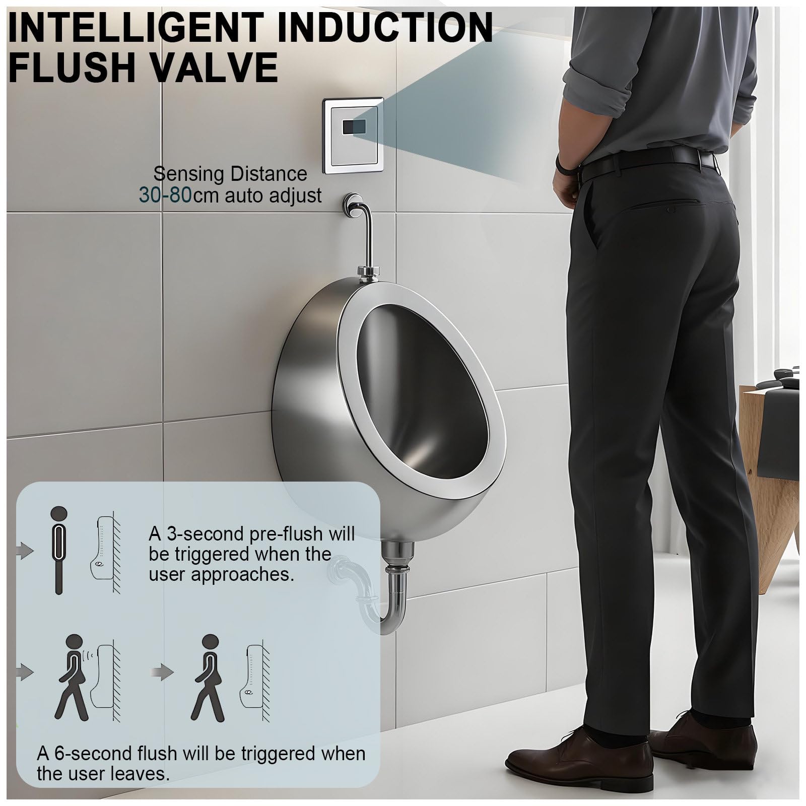 Urinario de acero inoxidable con sensor automático montado en la pared, sistema de descarga sin olor para bares, baños y hoteles