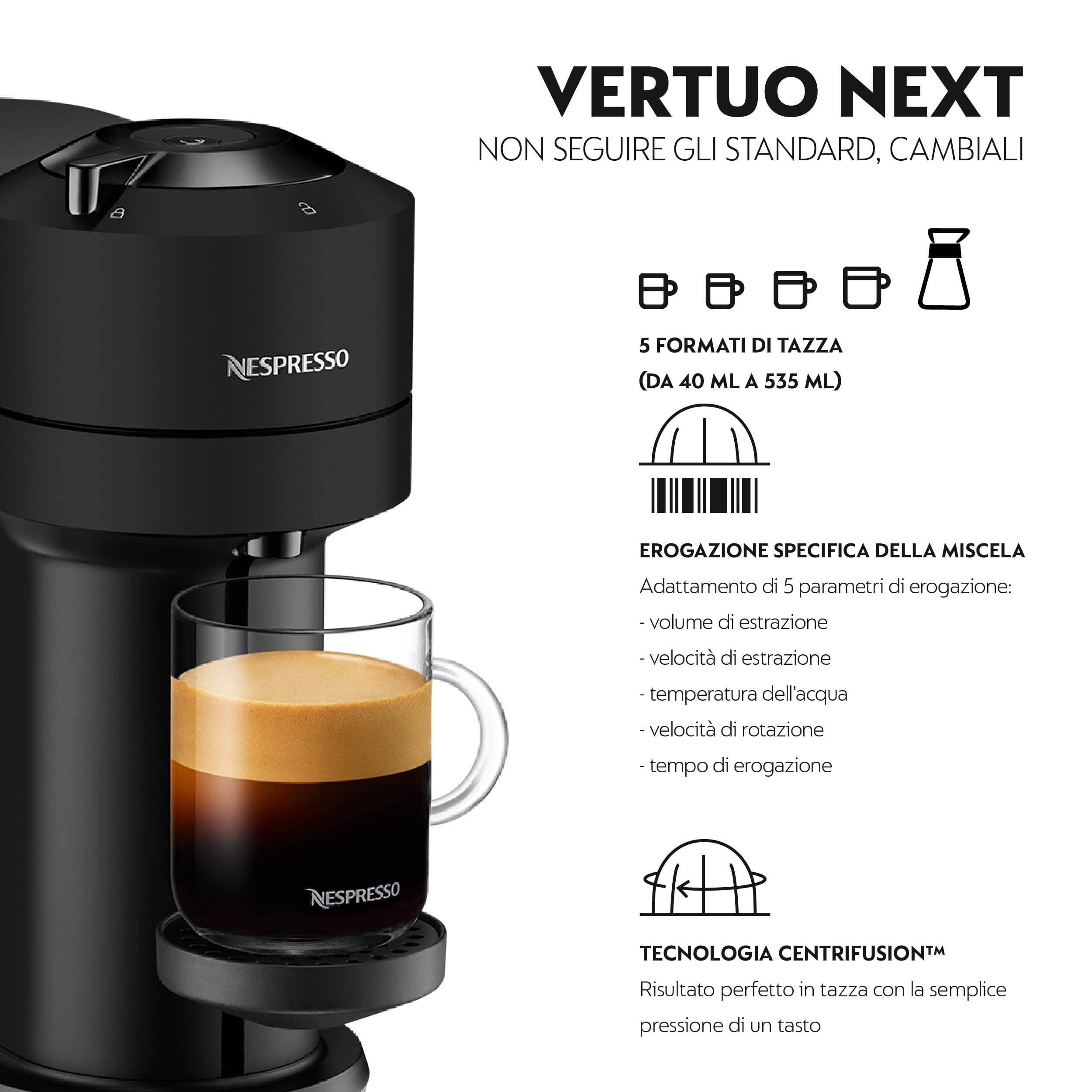 Krups Vertuo Next XN910N Nespresso, Macchina del caffé, 30 secondi di riscaldamento dell’acqua, Spegnimento Automatico, Connettività Bluetooth e Wi-Fi, Nera