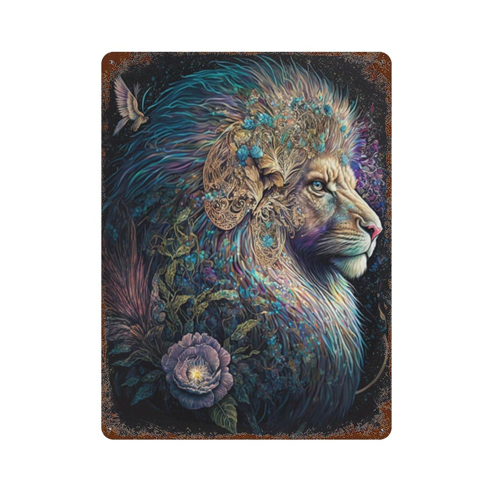 Fantasy Lion Art Print-9 Weathered Tin Sign 15.7"x11.8", Decorative Metal Wall Art for Garage, Bar And Workshop Decor