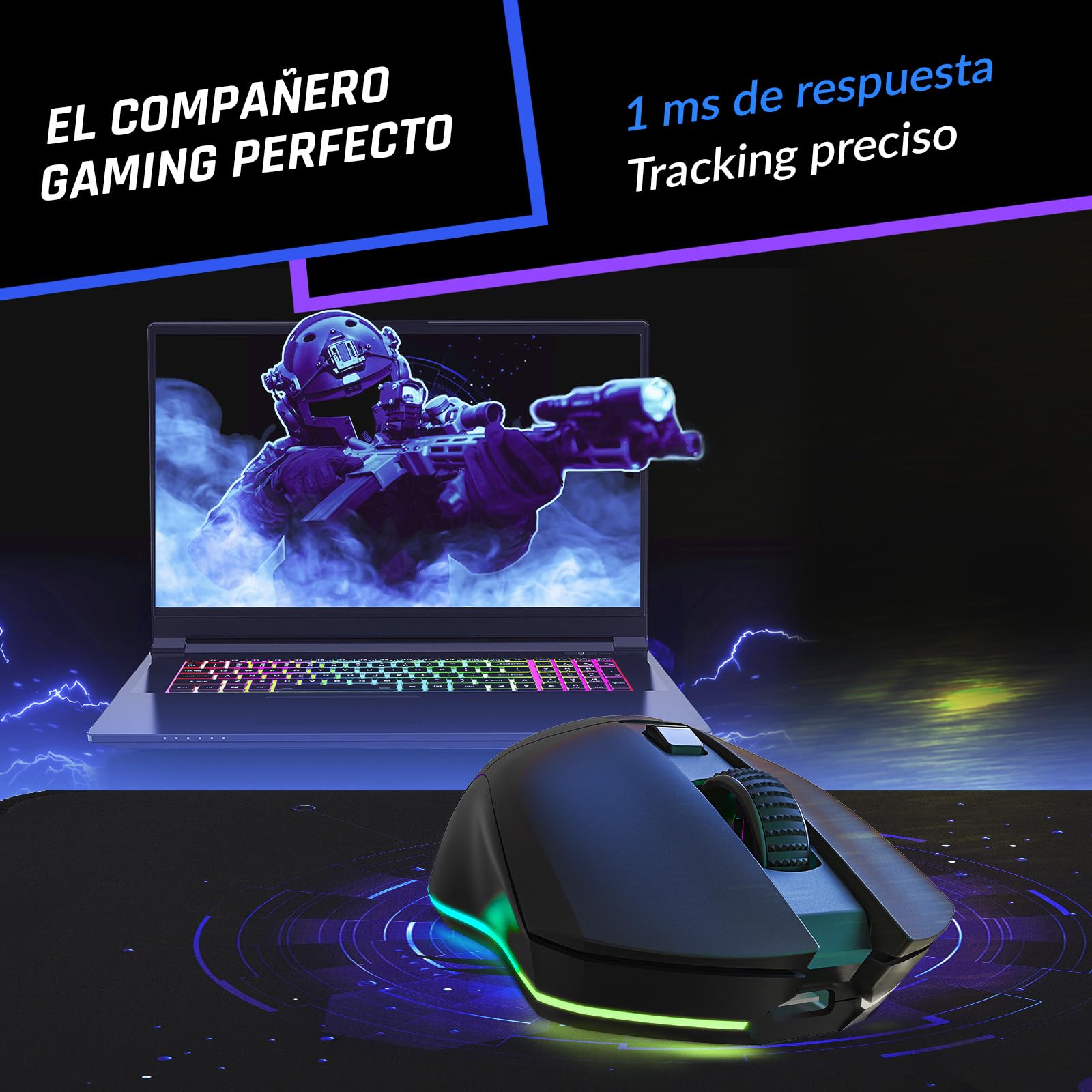KLIM Blaze Pro – Ratón inalámbrico RGB Recargable con estación de Carga – Novedad con LCD Pantalla – Sensor Alta precisión y batería de Larga duración – hasta 6000 dpi – Ratón inalámbrico con Cable