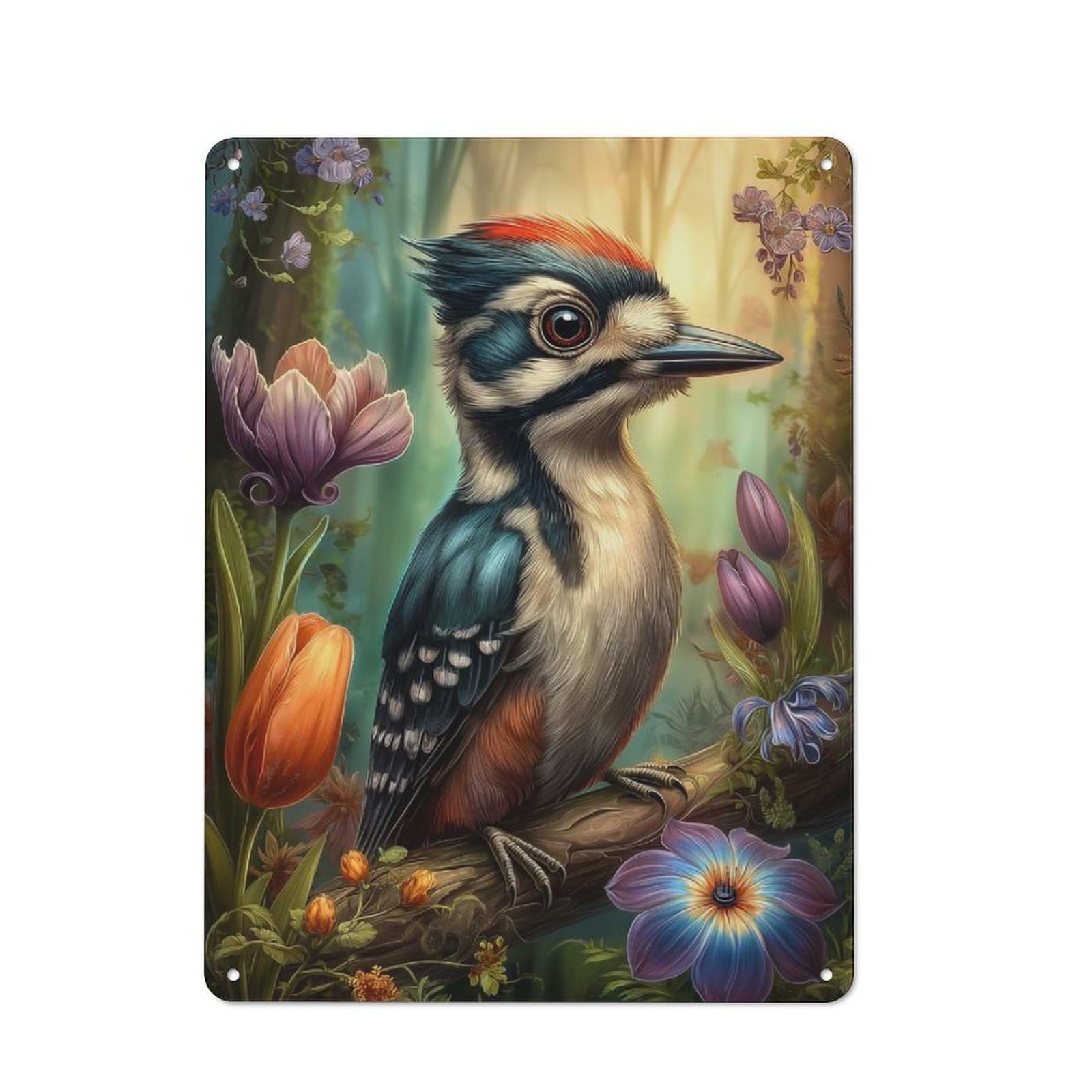 Woodpecker in Floral Fantasy Tin Sign 40x30cm, Garage Style Workshop Wall Decor for Garage, Workshop, Shed Or Utility Room