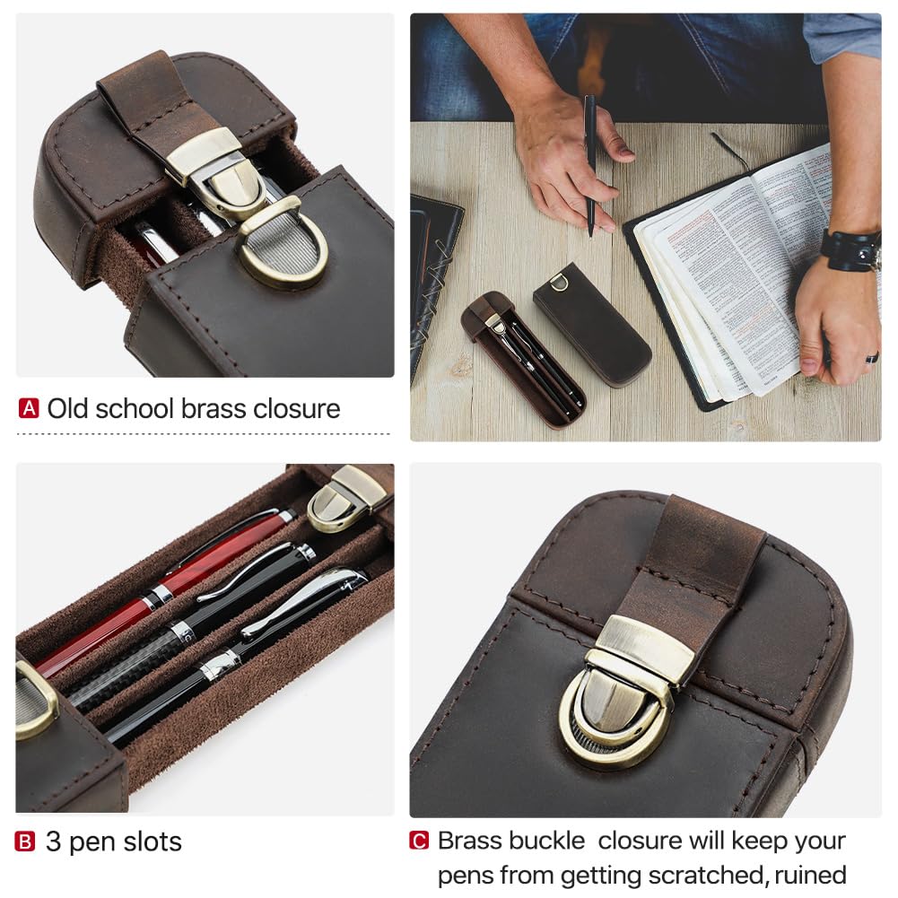 CONTACT'S FAMILY Leather 3 Slots Fountain Pen Case, Handmade Genuine Leather Pen Organizer Case for 3 Pens, Pen Storage Gift Box (Coffee) - Image 4