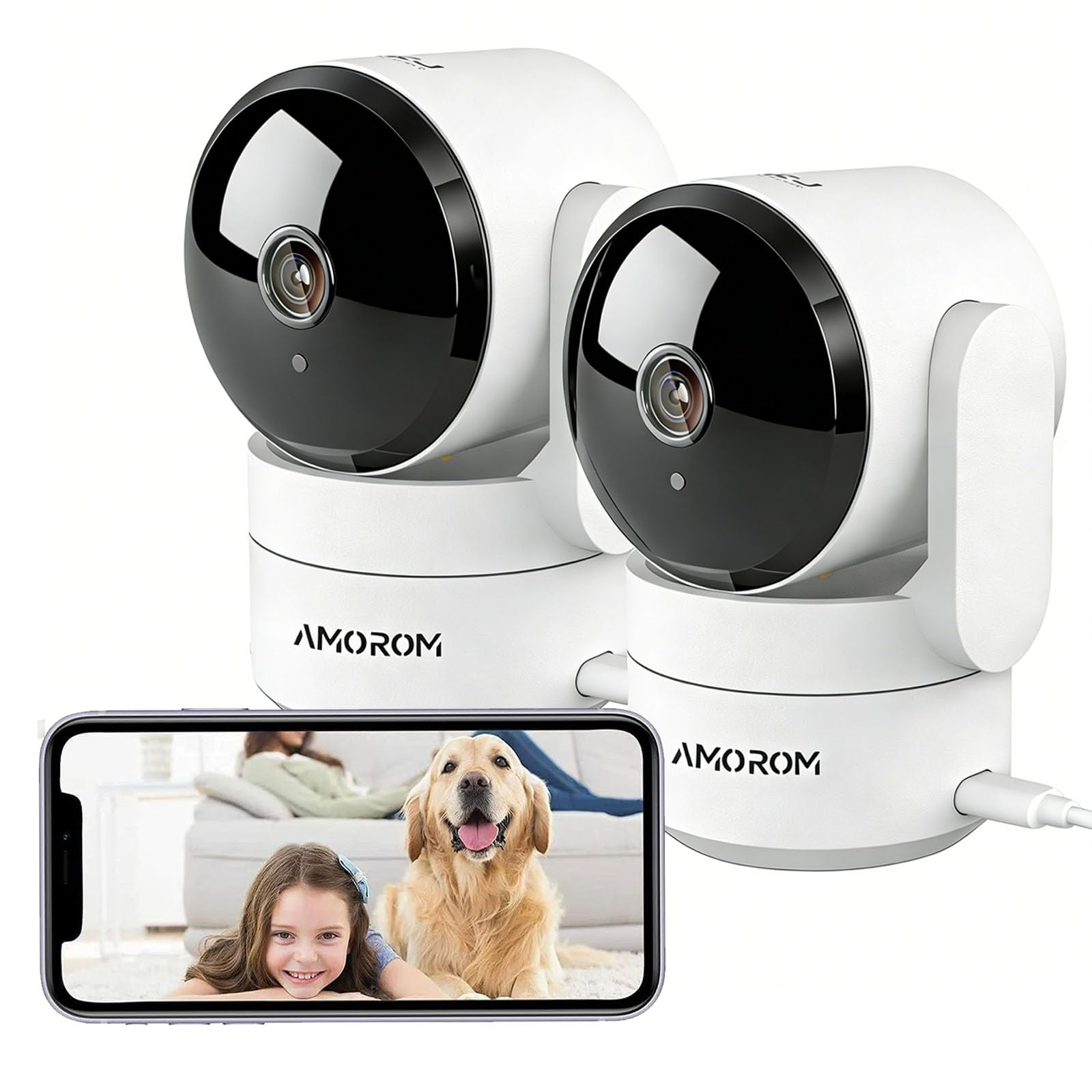 AMOROM 2K WLAN Überwachungskamera Innen 360° Kamera Überwachung mit KI-Bewegungserkennung, Benutzerdefinierte Szenariowarnungen, Zwei-Wege-Audio, Funktioniert mit Alexa, 2,4GHz, 2 Stück